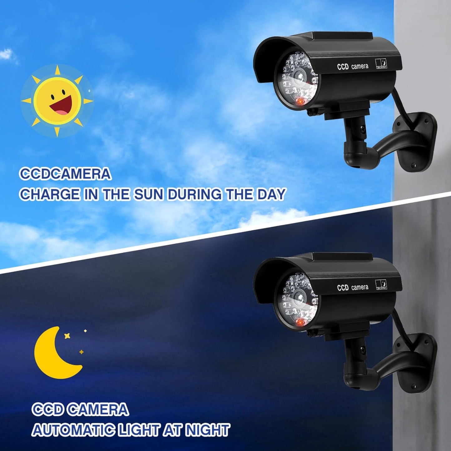 太陽能鏡頭：日間充電及夜間紅燈自動閃爍功能示範。Solar dummy camera: day charging and automatic night flashing.