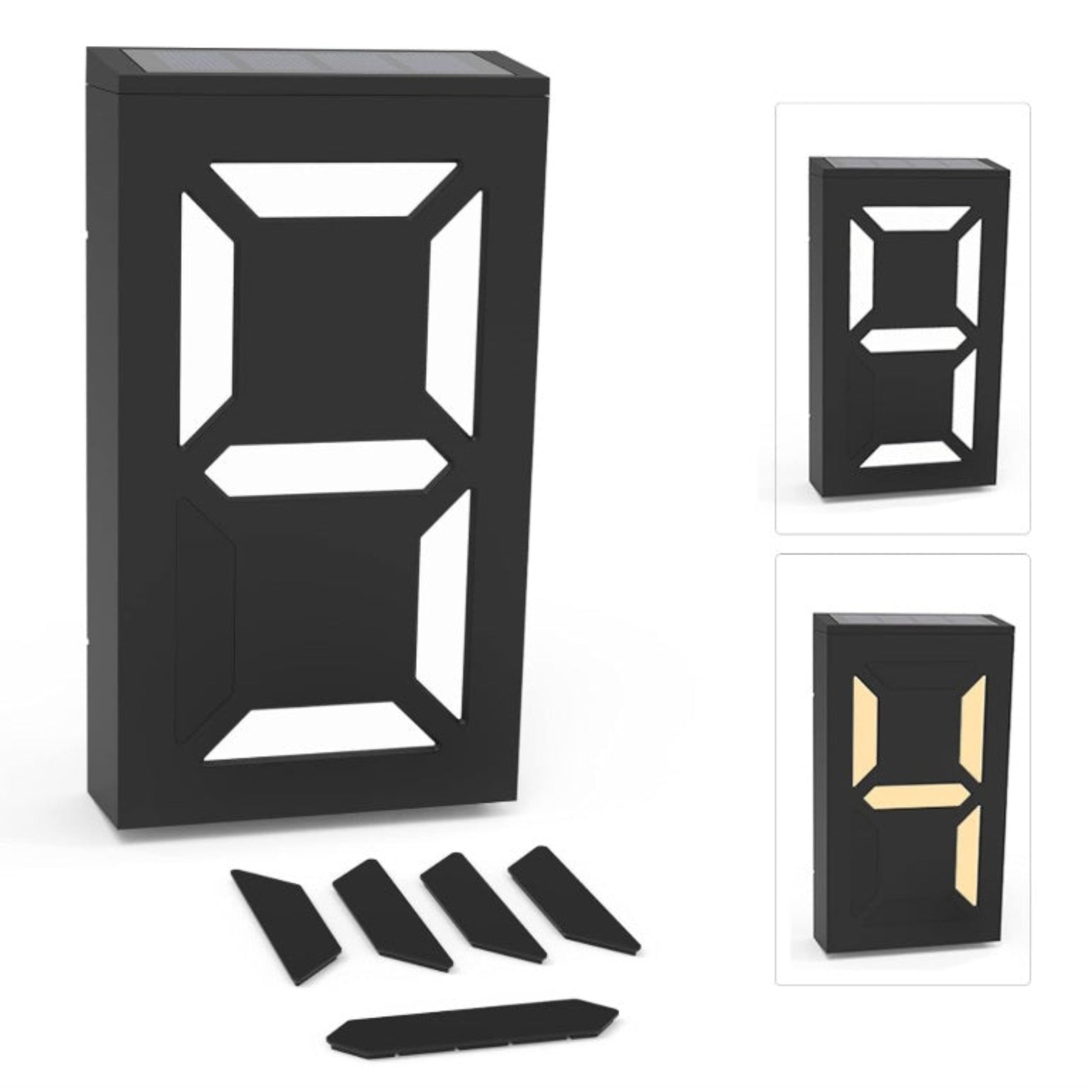 Black solar house number light displaying the number 8 with DIY parts on a white background.