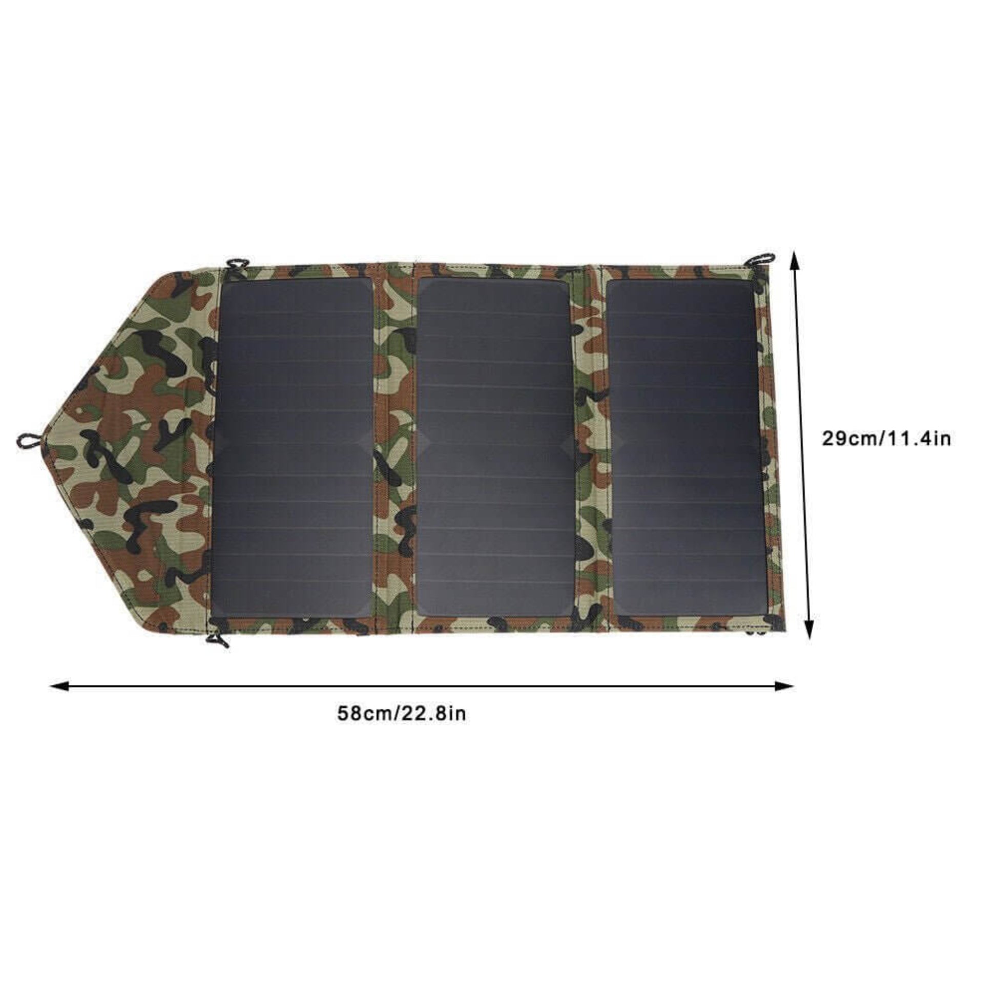 Diagram showing the open dimensions of the 21W folding solar panel.