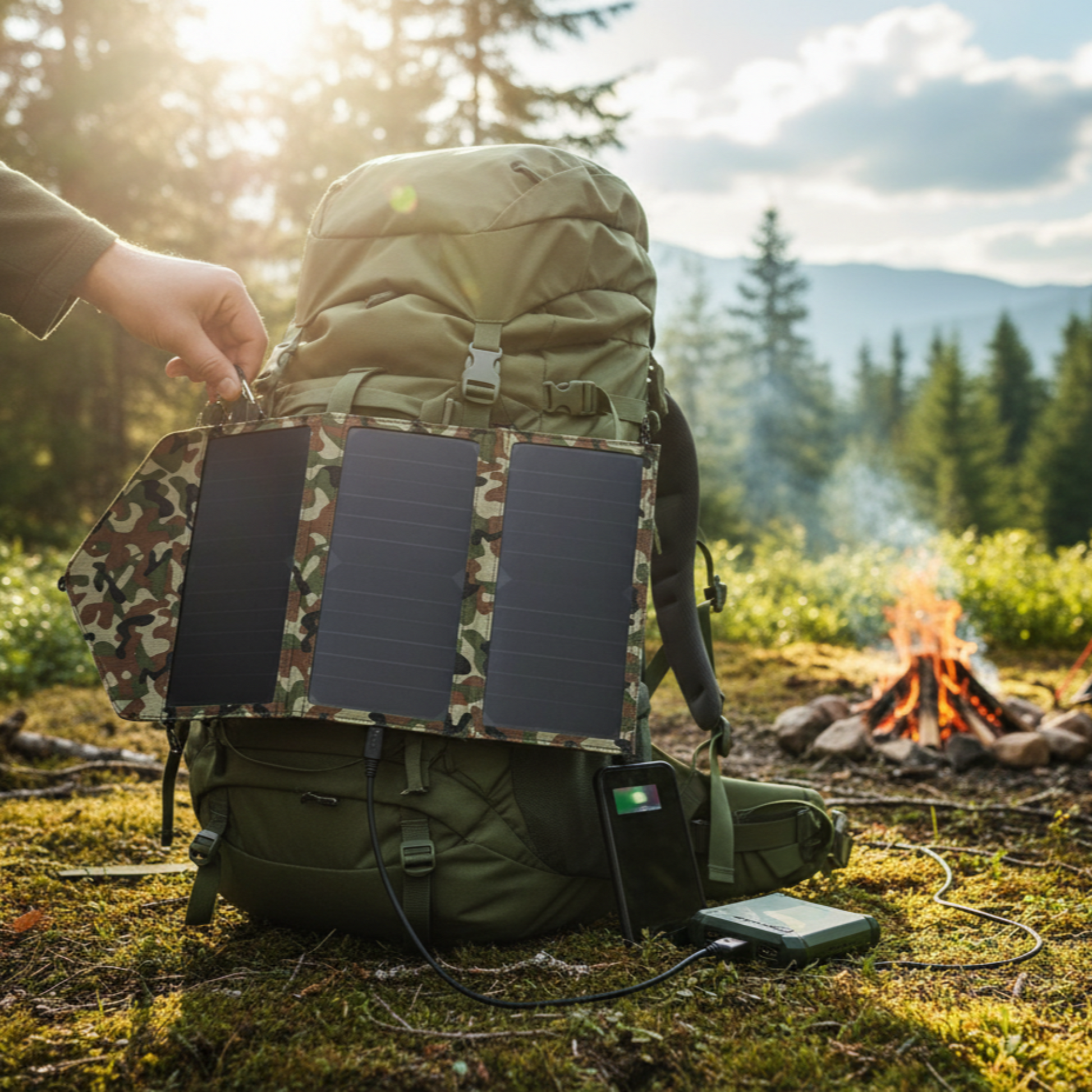 Person attaching a solar panel to a backpack in a forest setting with a campfire and tent.