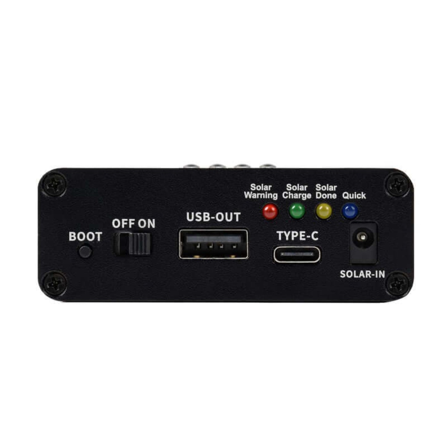 Closeup of the Solar Power Manager (B) ports: USB-OUT, Type-C, SOLAR-IN, and charging LEDs.
