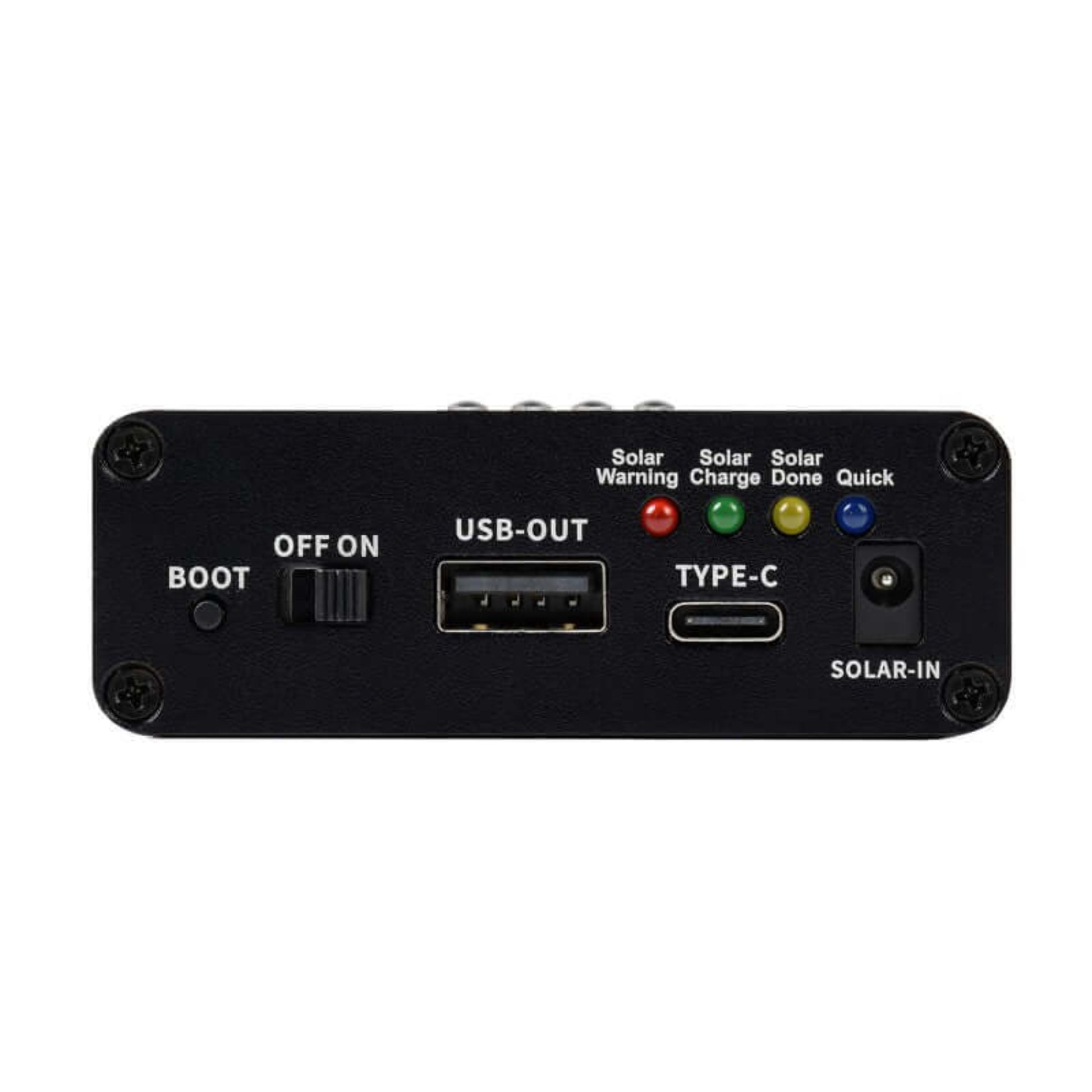 Closeup of the Solar Power Manager (B) ports: USB-OUT, Type-C, SOLAR-IN, and charging LEDs.