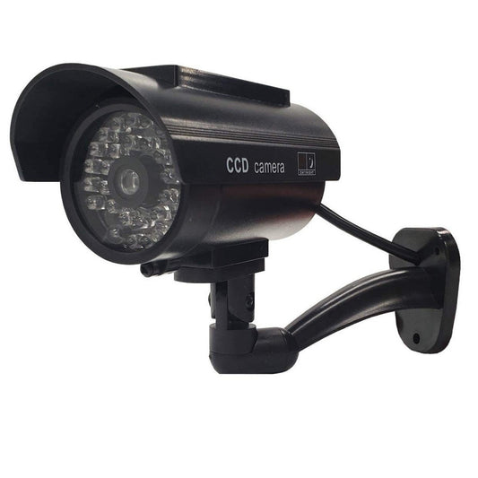 太陽能仿真攝像機採用 CCD 外觀設計，配備可調校支架。Solar-powered fake security camera with CCD branding.