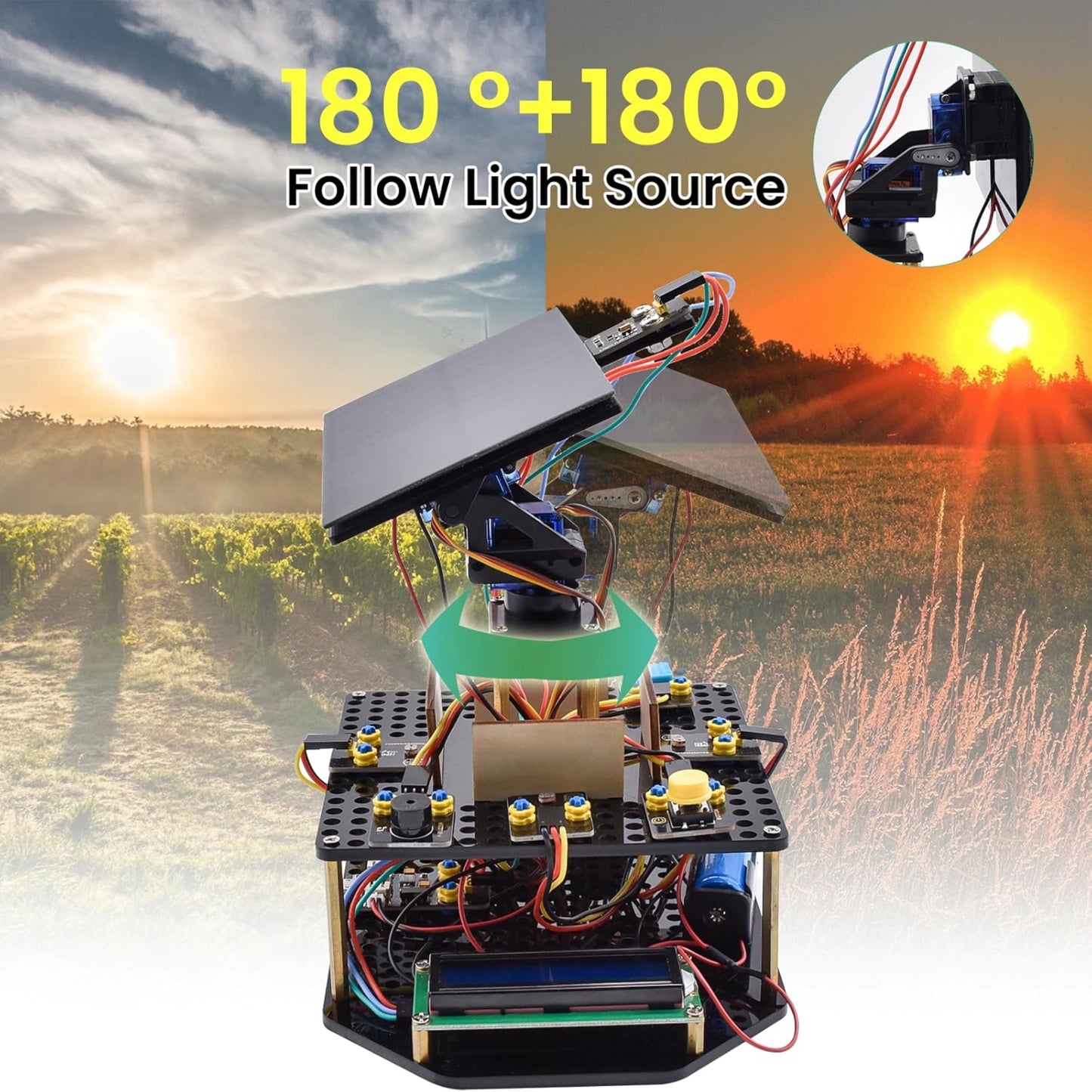 Dual-axis solar tracking system following light source with 180-degree rotation.