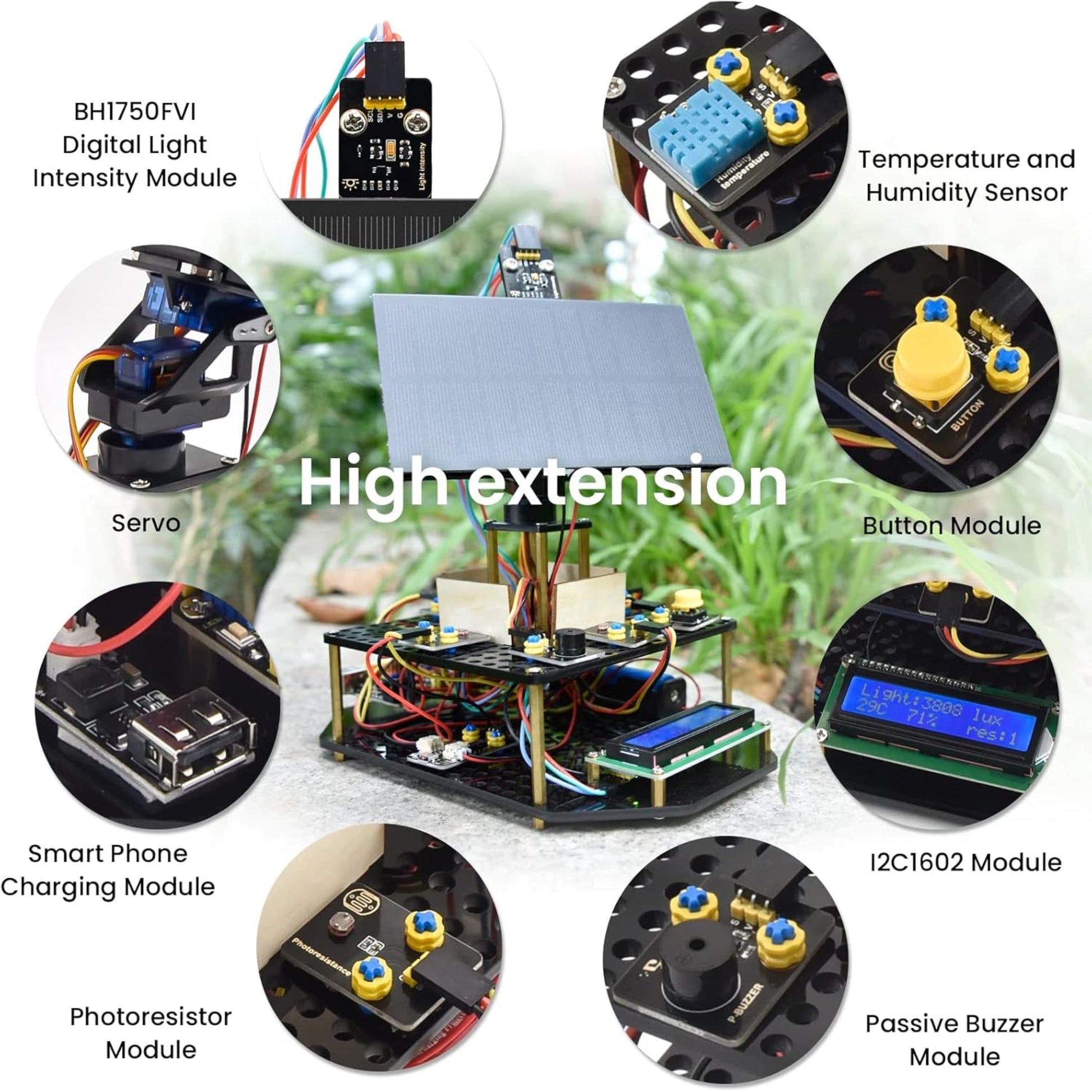 Keyestudio kit modules: BH1750 light sensor, humidity sensor, and charging module.