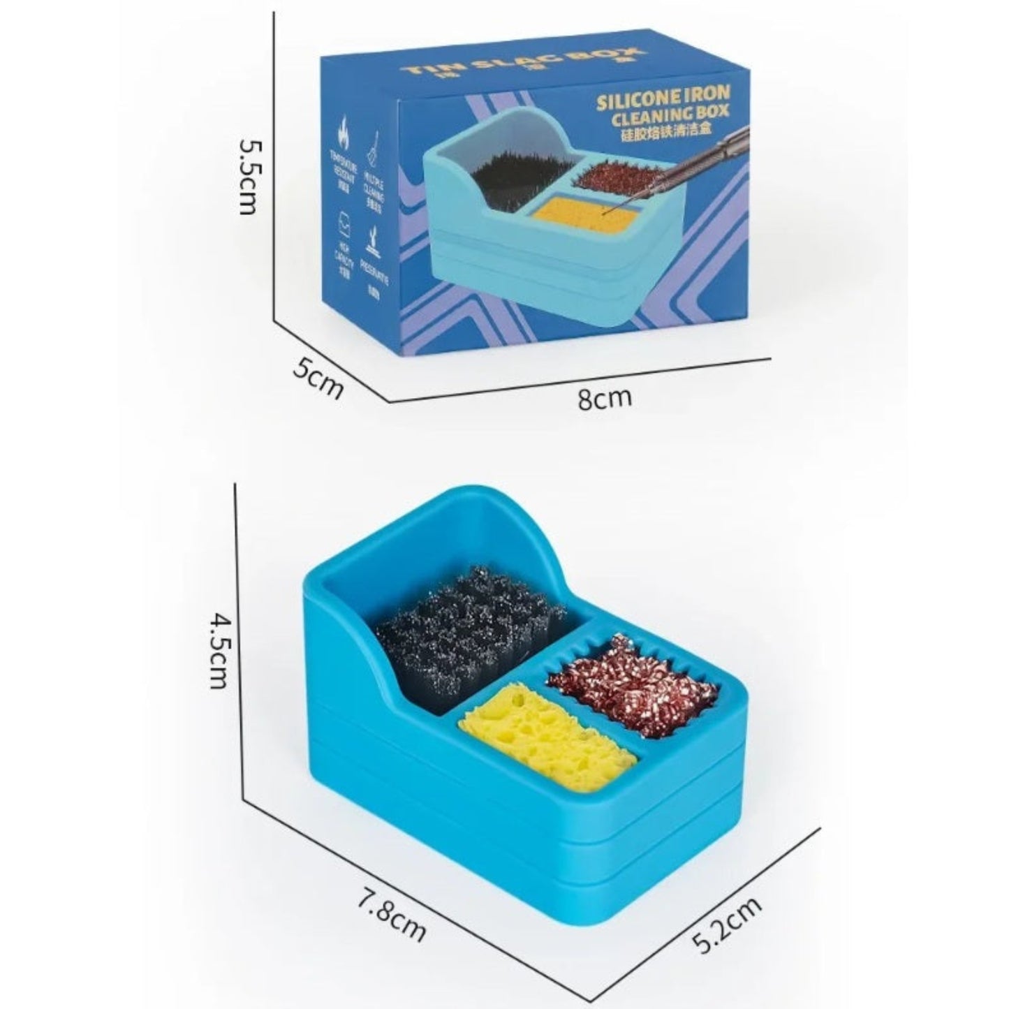 Product dimensions (7.8cm x 5.2cm) and retail packaging for the silicone iron cleaning box.