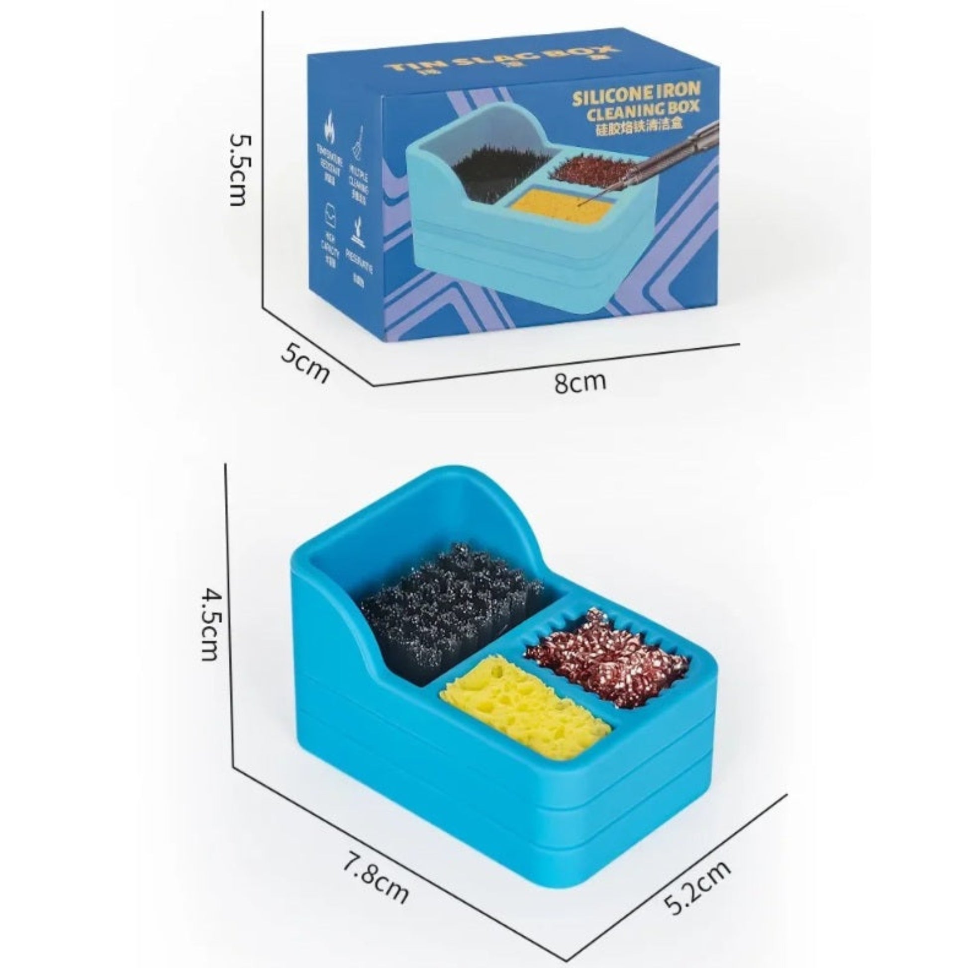Product dimensions (7.8cm x 5.2cm) and retail packaging for the silicone iron cleaning box.