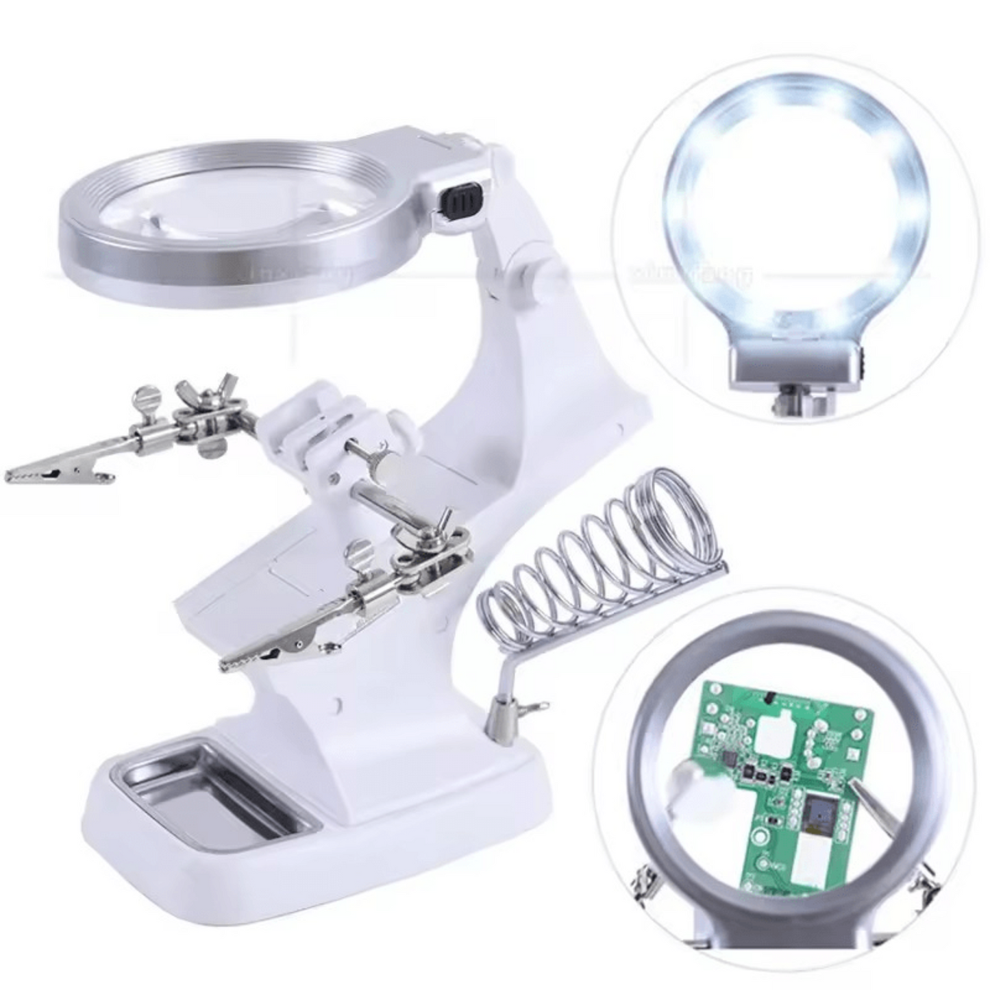 Multifunctional welding magnifier with LED, adjustable clamps, soldering stand, ideal for PCB assembly and dark environments.
