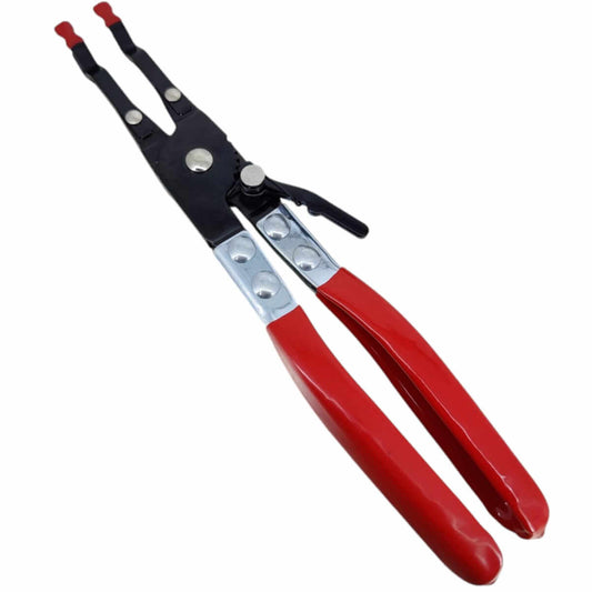 Soldering pliers with red rubber handles, designed for welding and holding two wires securely during auto maintenance.