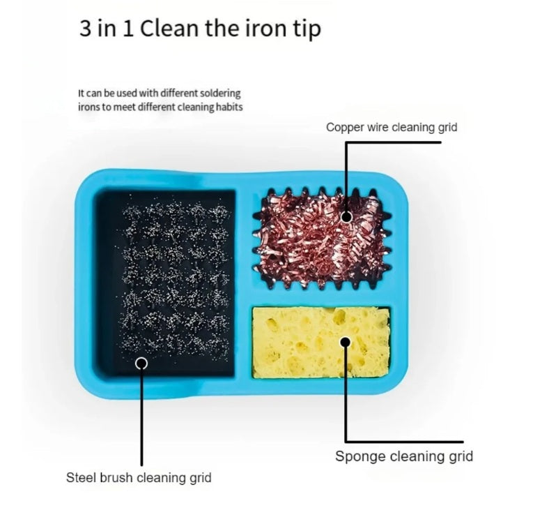 Diagram showing three cleaning modes: steel brush, copper wire, and sponge cleaning grids.