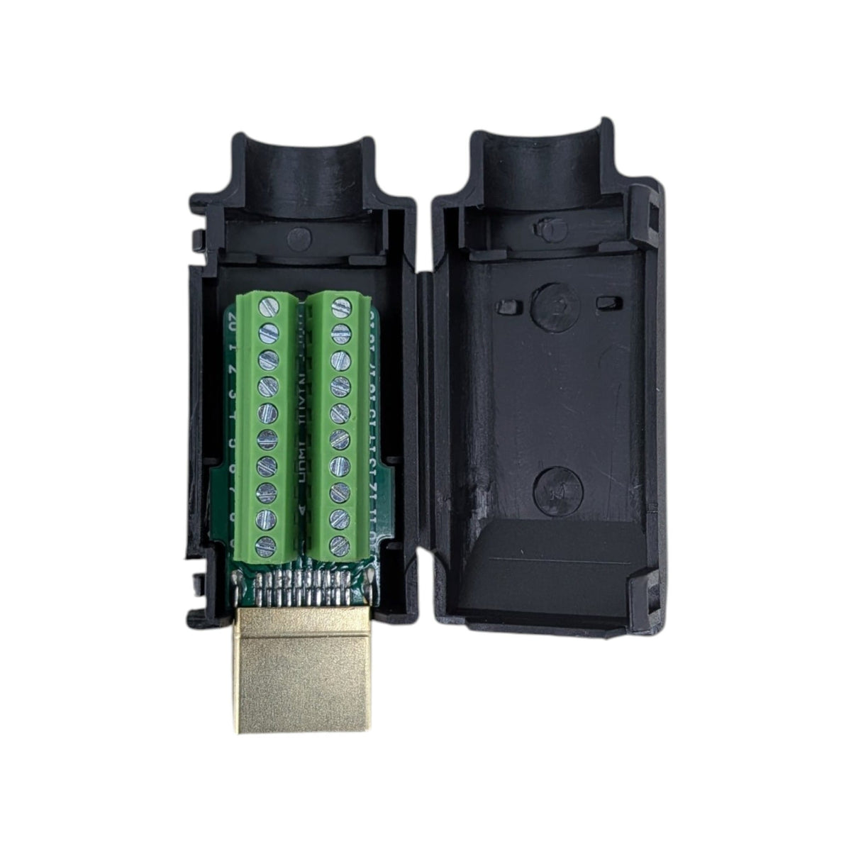 HDMI 免銲接轉接頭頂部視角，清晰顯示雙排 20-Pin 螺絲端子，方便工程及 DIY 測試佈線。