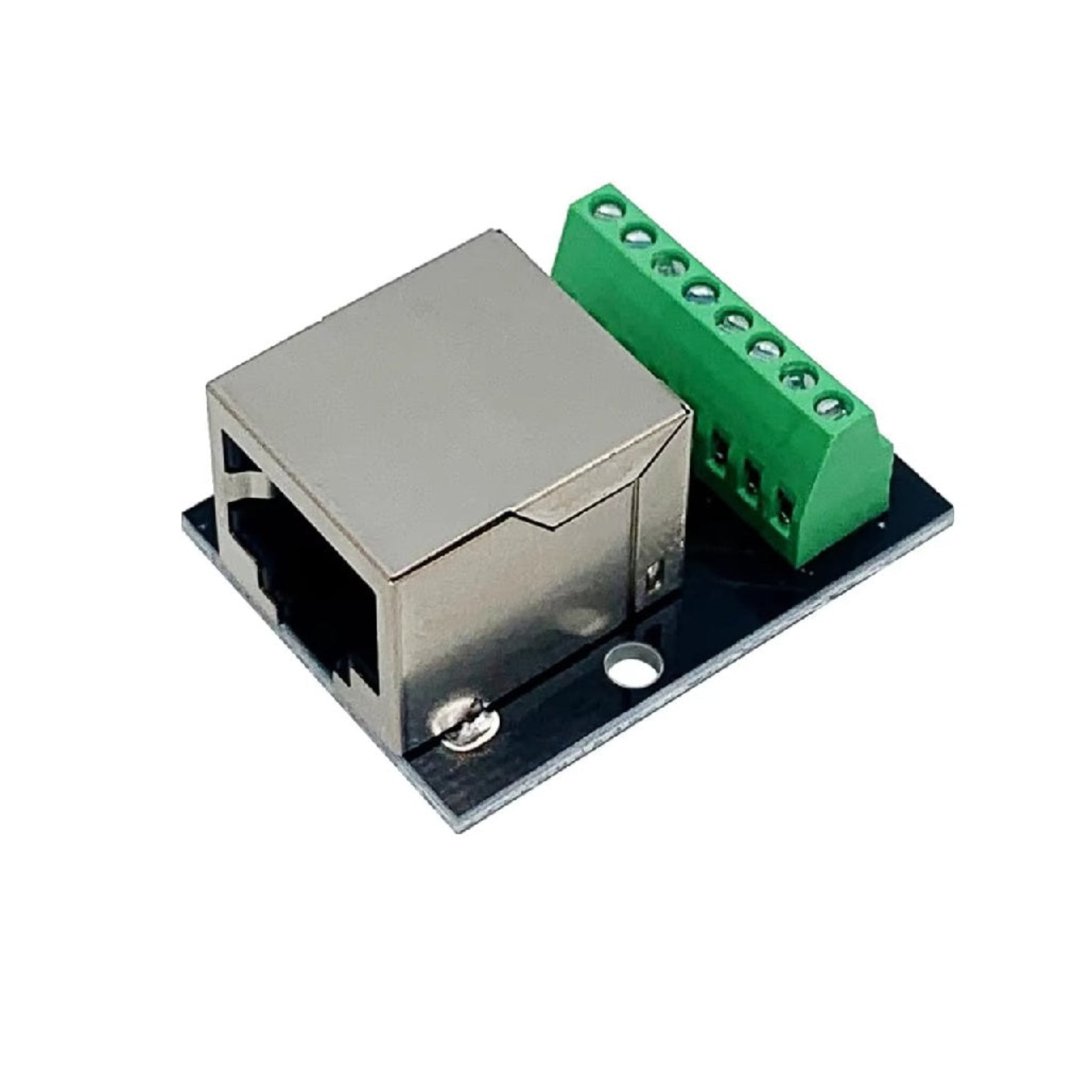 RJ45 免焊接轉接板特寫，展示用於快速接駁寬頻線的抗腐蝕螺絲端子。