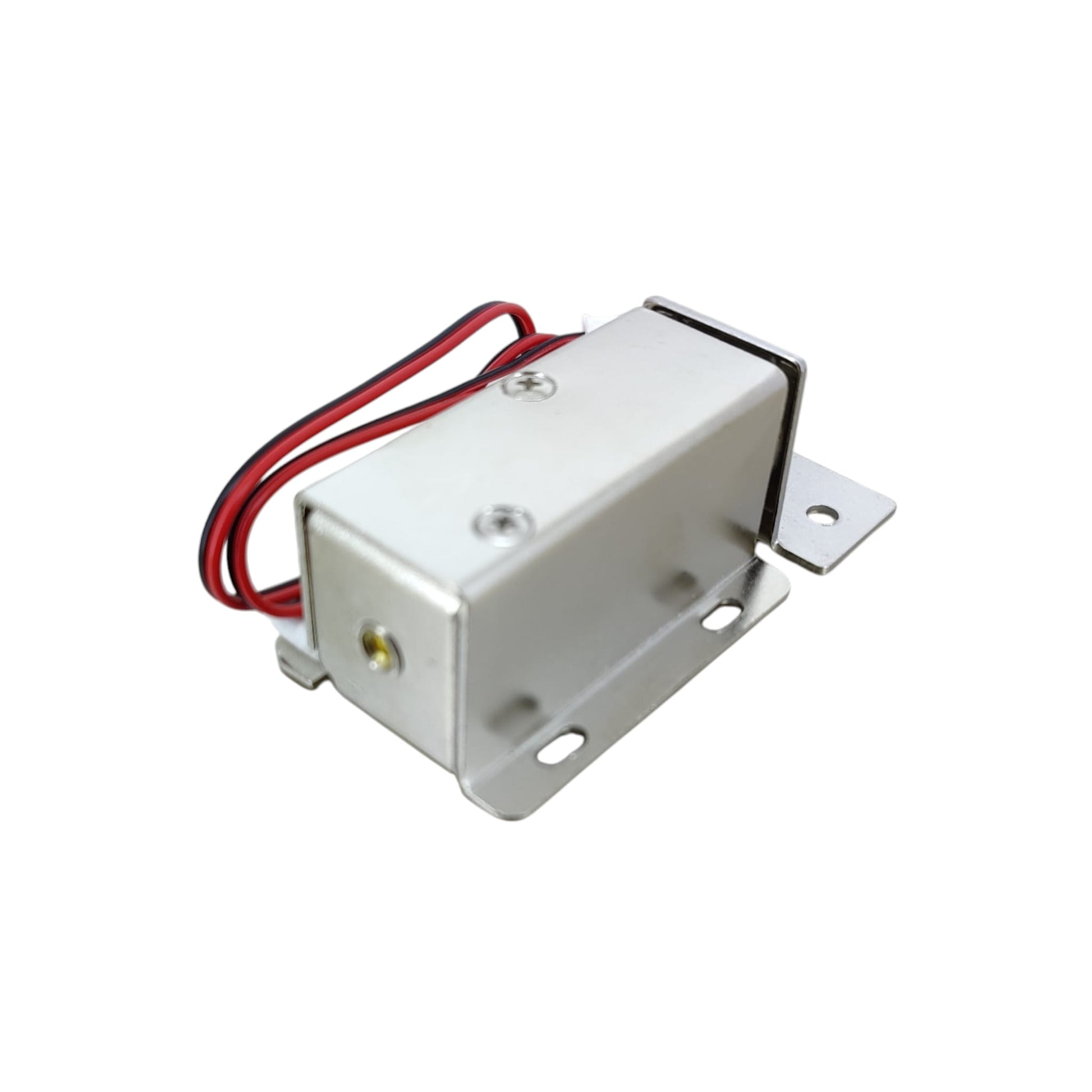 Solenoid lock and corresponding metal strike plate ready for installation.