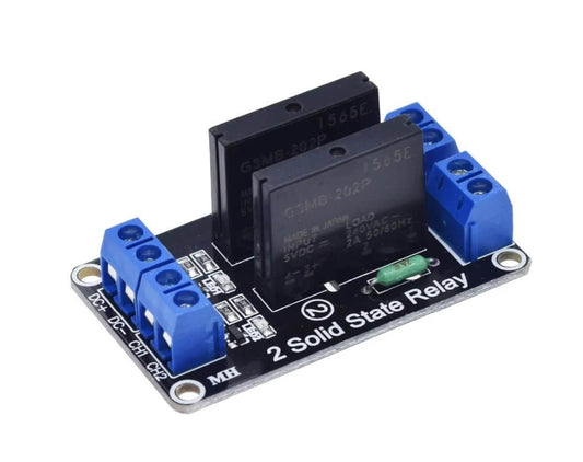 Multi-Voltage 2-Channel Solid State Relay Module with terminals for Arduino and microcontrollers.