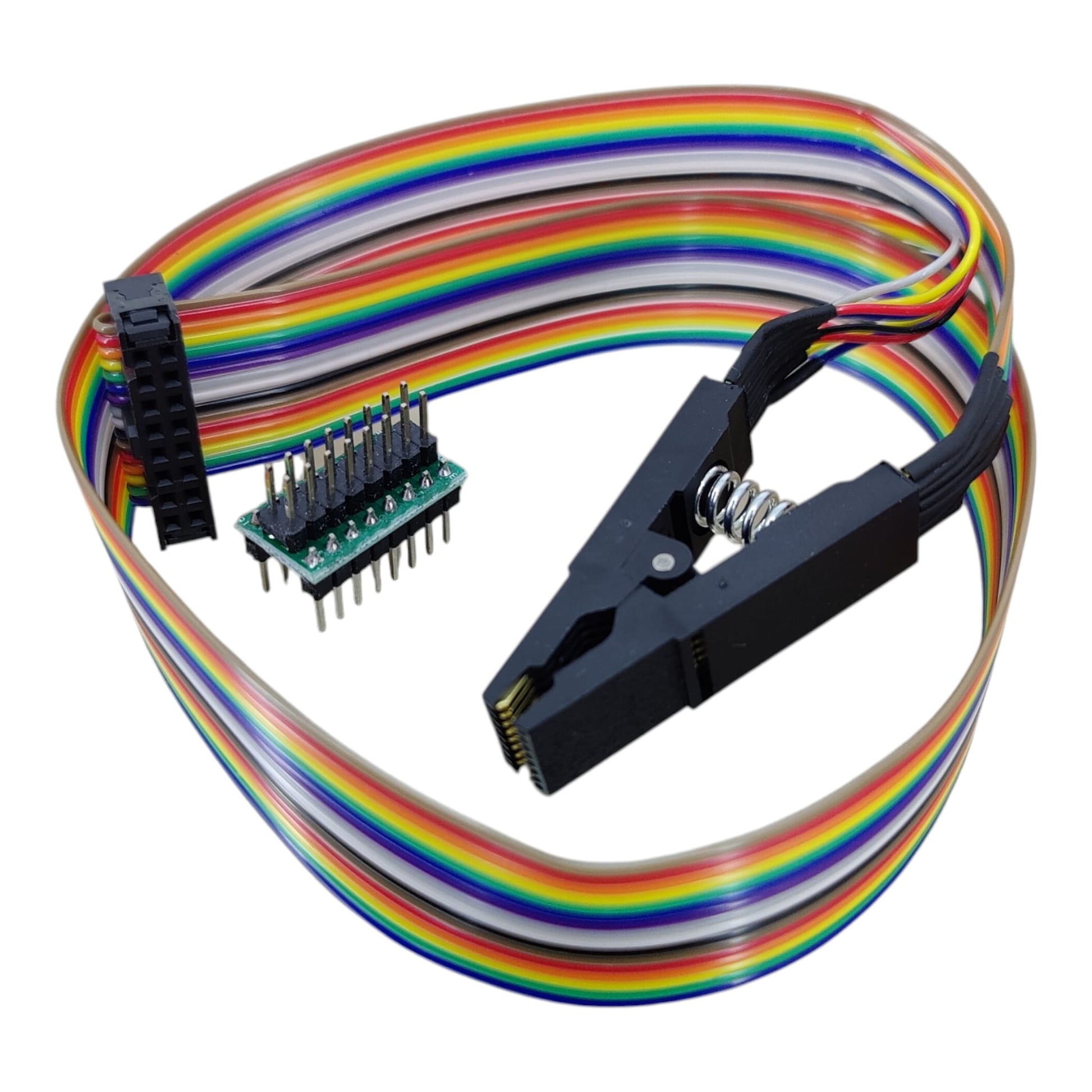 SOP16 SOIC16 IC test clip with rainbow ribbon cable and DIP8 DIP16 adapter board kit for EEPROM programming.