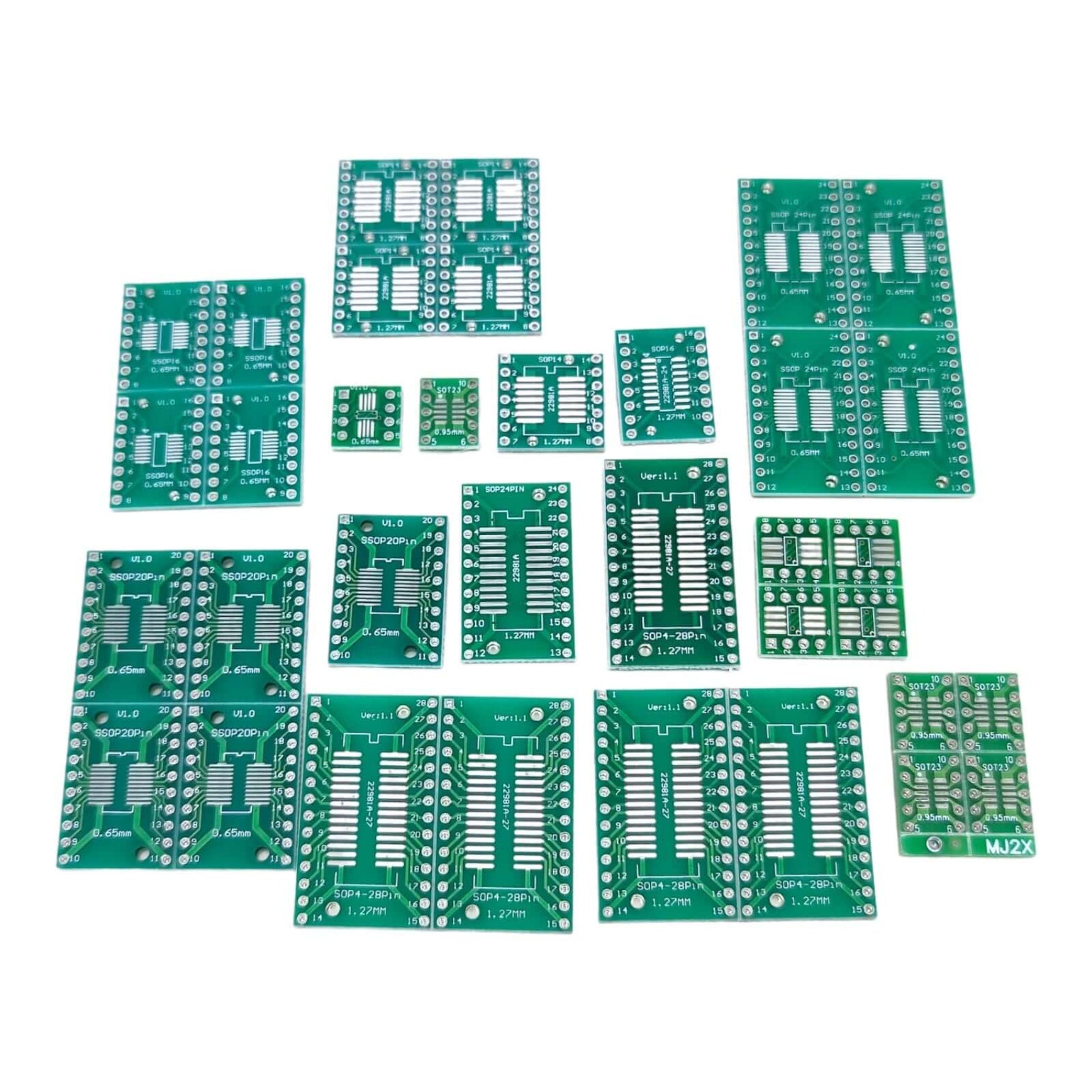 Close up of SOP8 to SOP28 green PCB adapter boards