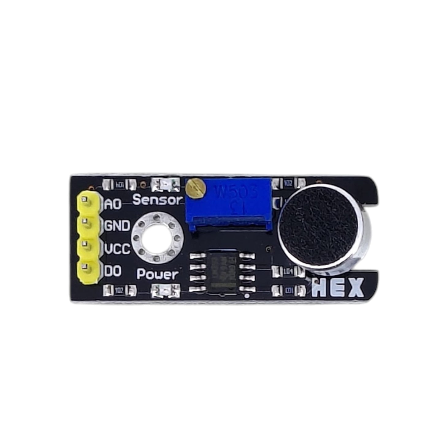 Top view of high-sensitivity sound sensor module showing microphone and pins.