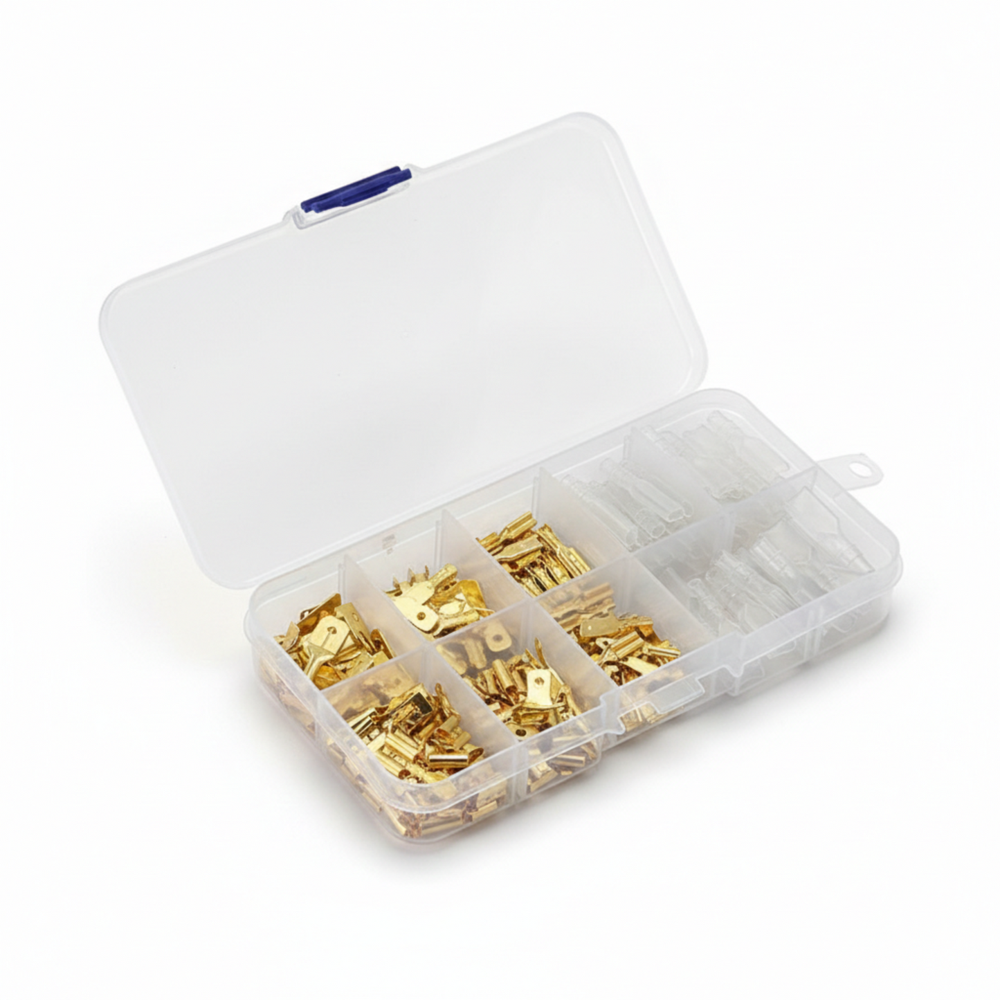 135pcs insulated male female spade connectors in a clear storage box, ideal for electrical work and DIY projects.