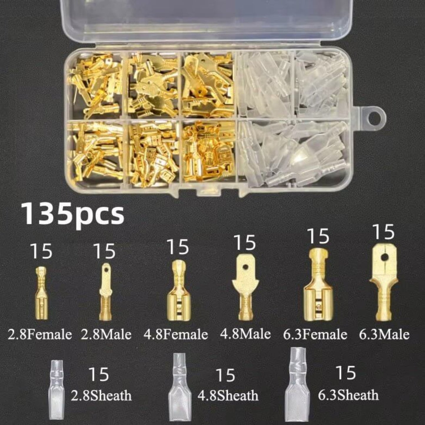 135pcs insulated spade connector kit, including 2.8mm, 4.8mm, and 6.3mm male and female terminals for wiring projects.