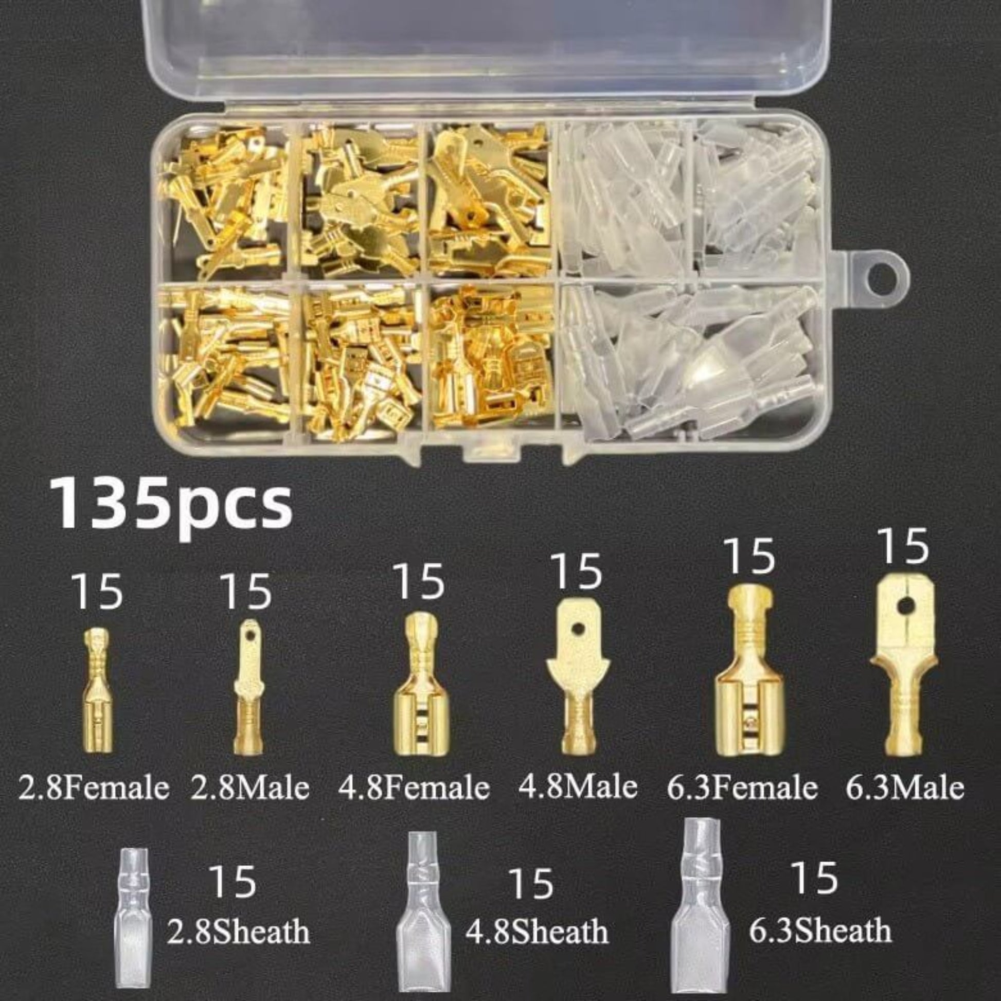 135pcs insulated spade connector kit, including 2.8mm, 4.8mm, and 6.3mm male and female terminals for wiring projects.
