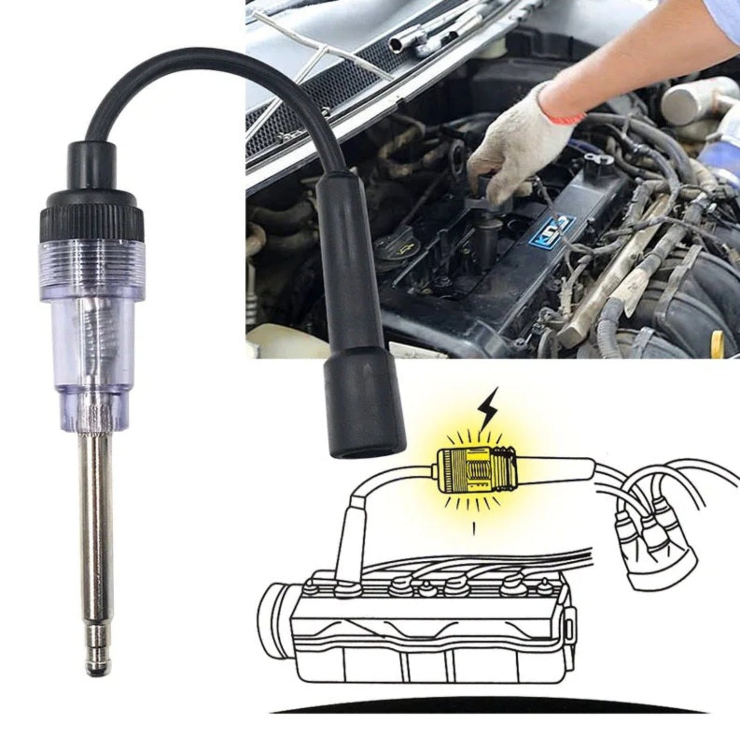 Mechanic using an ignition diagnostic tool on a car engine.