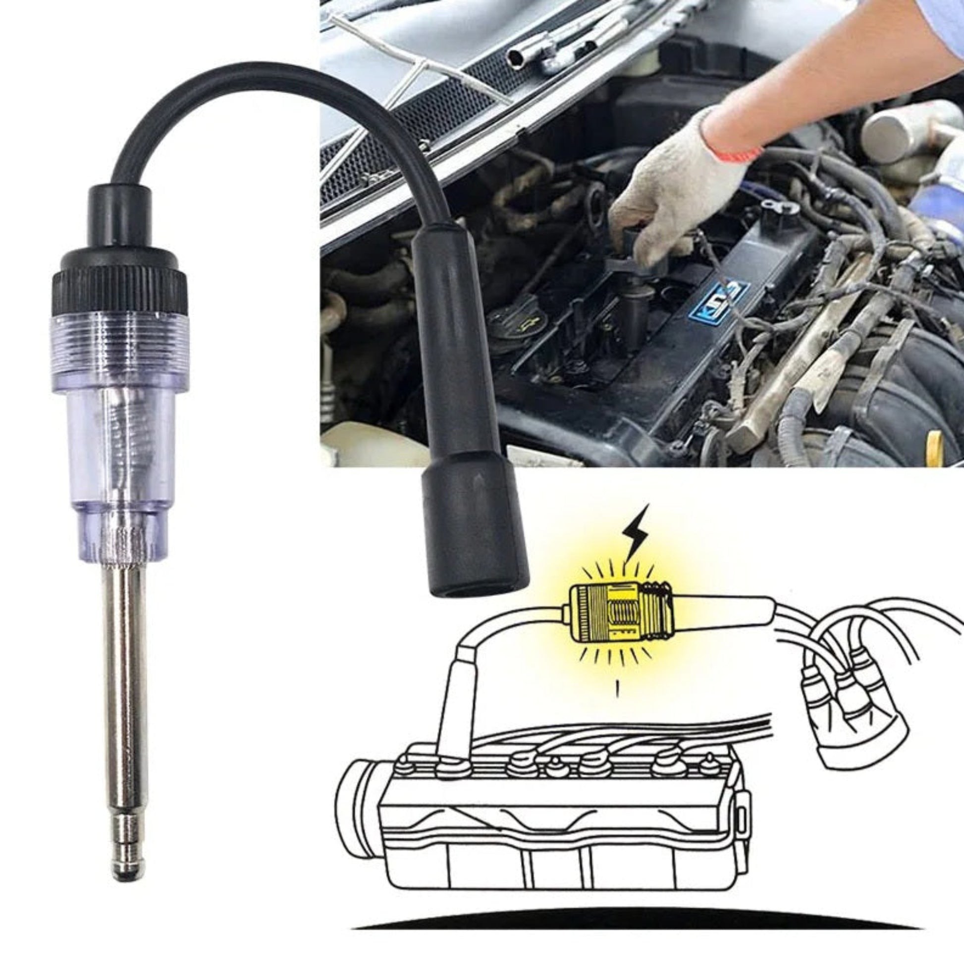 Mechanic using an ignition diagnostic tool on a car engine.