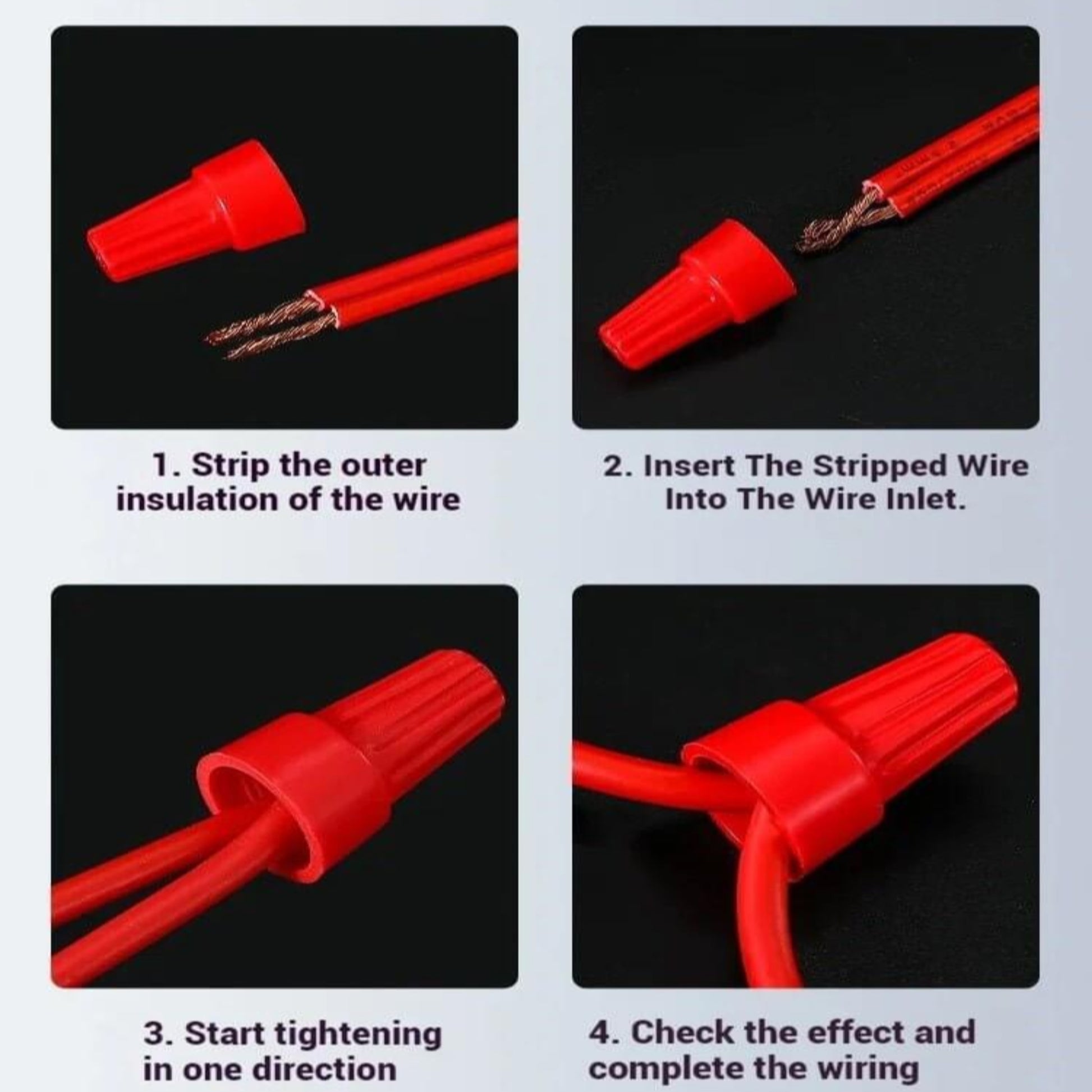 Simple 4-step guide for installing screw-type wire crimping caps, showing stripping, insertion, tightening, and checking.