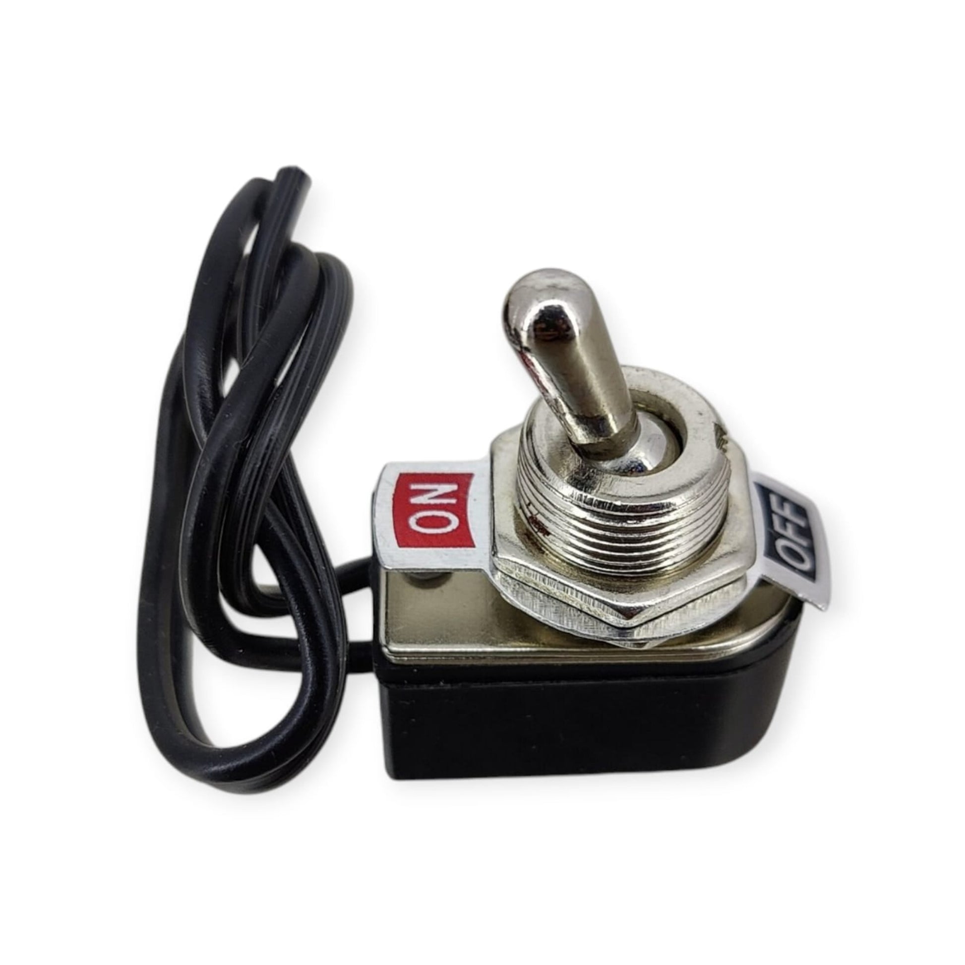 Pre-wired SPST toggle switch in the ON position, showing the red 'ON' label and mounting hardware.
