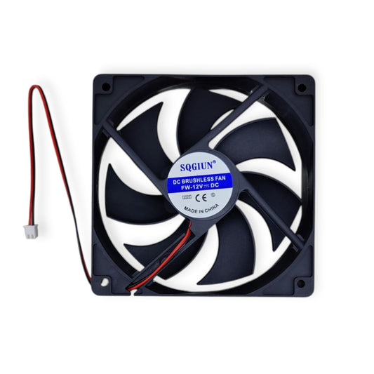 Top-down view of a black SQGIUN 120mm 12V DC brushless fan showing the brand sticker on the hub.