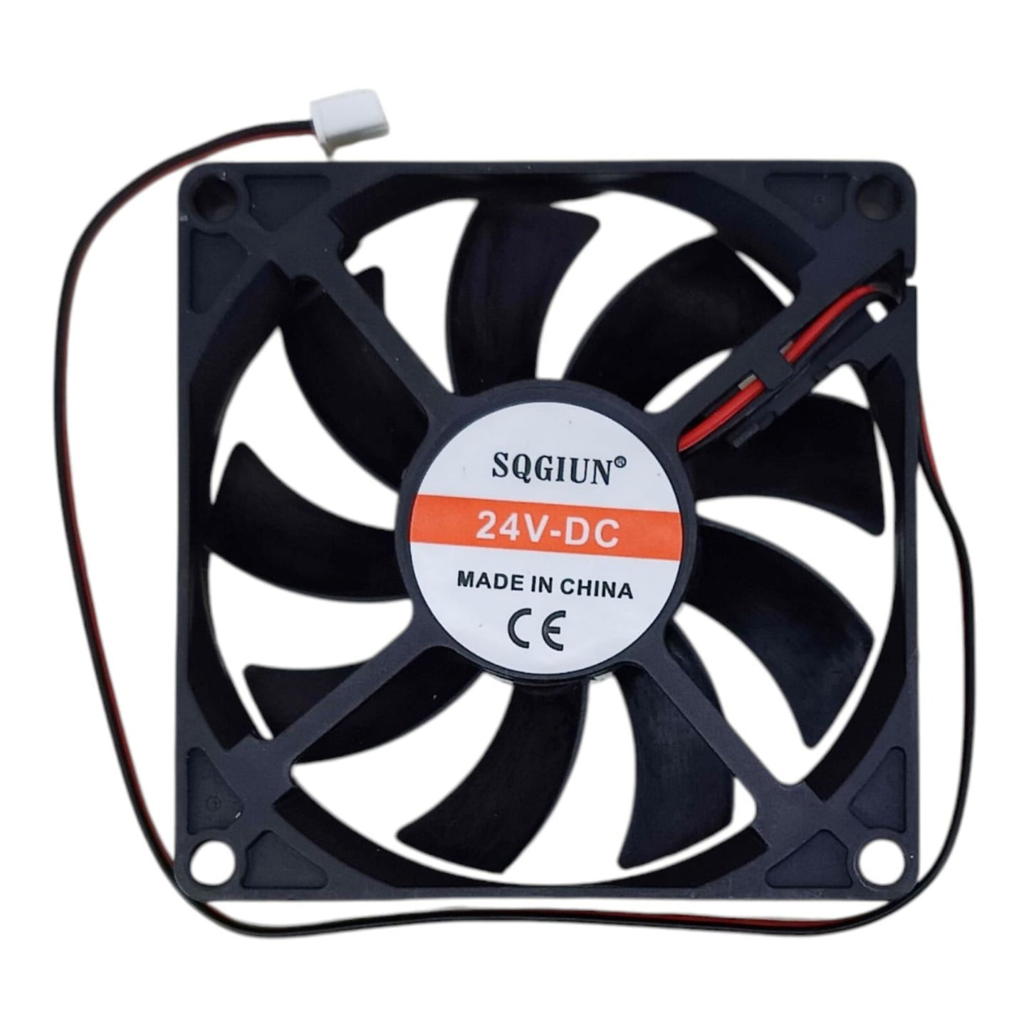 Front view of an 80mm 24V DC cooling fan with SQGIUN brand label, 80x80x15mm slim size.