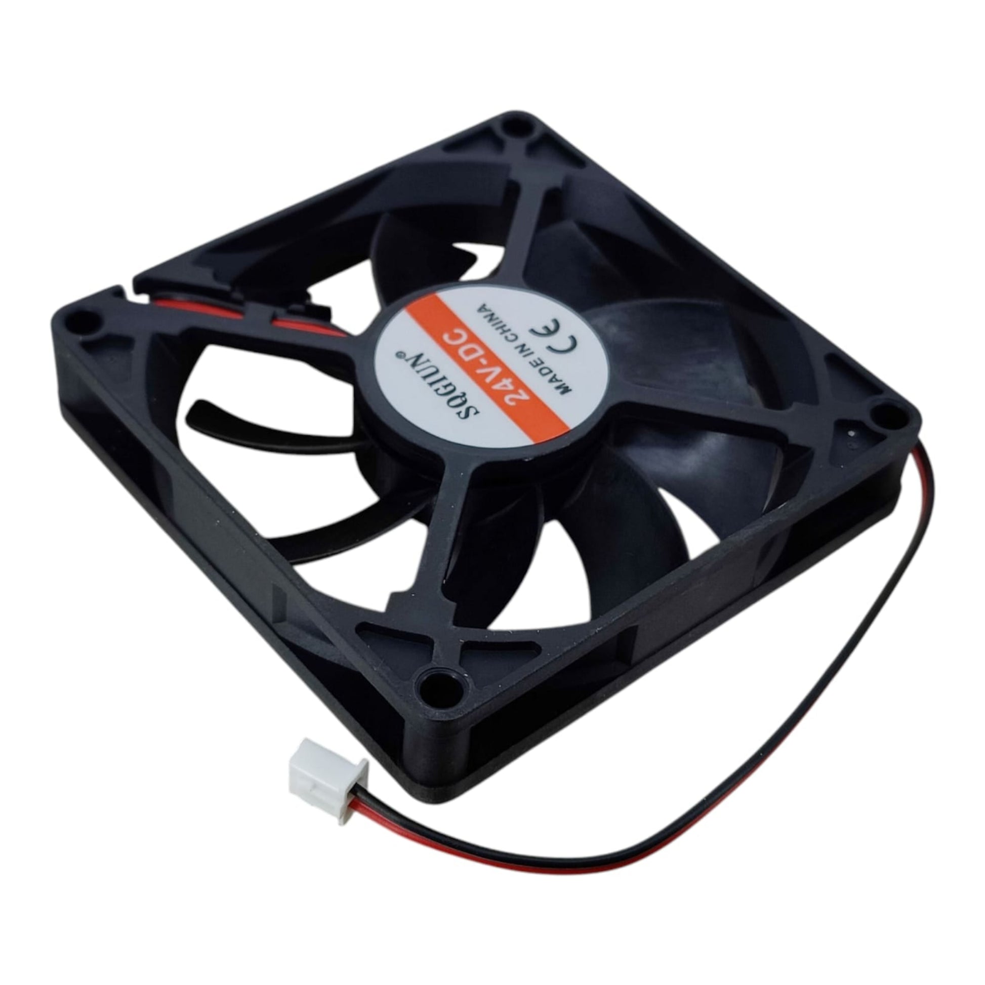 Angled side view of the SQGIUN 80mm 24V DC brushless cooling fan showing its 15mm slim profile.