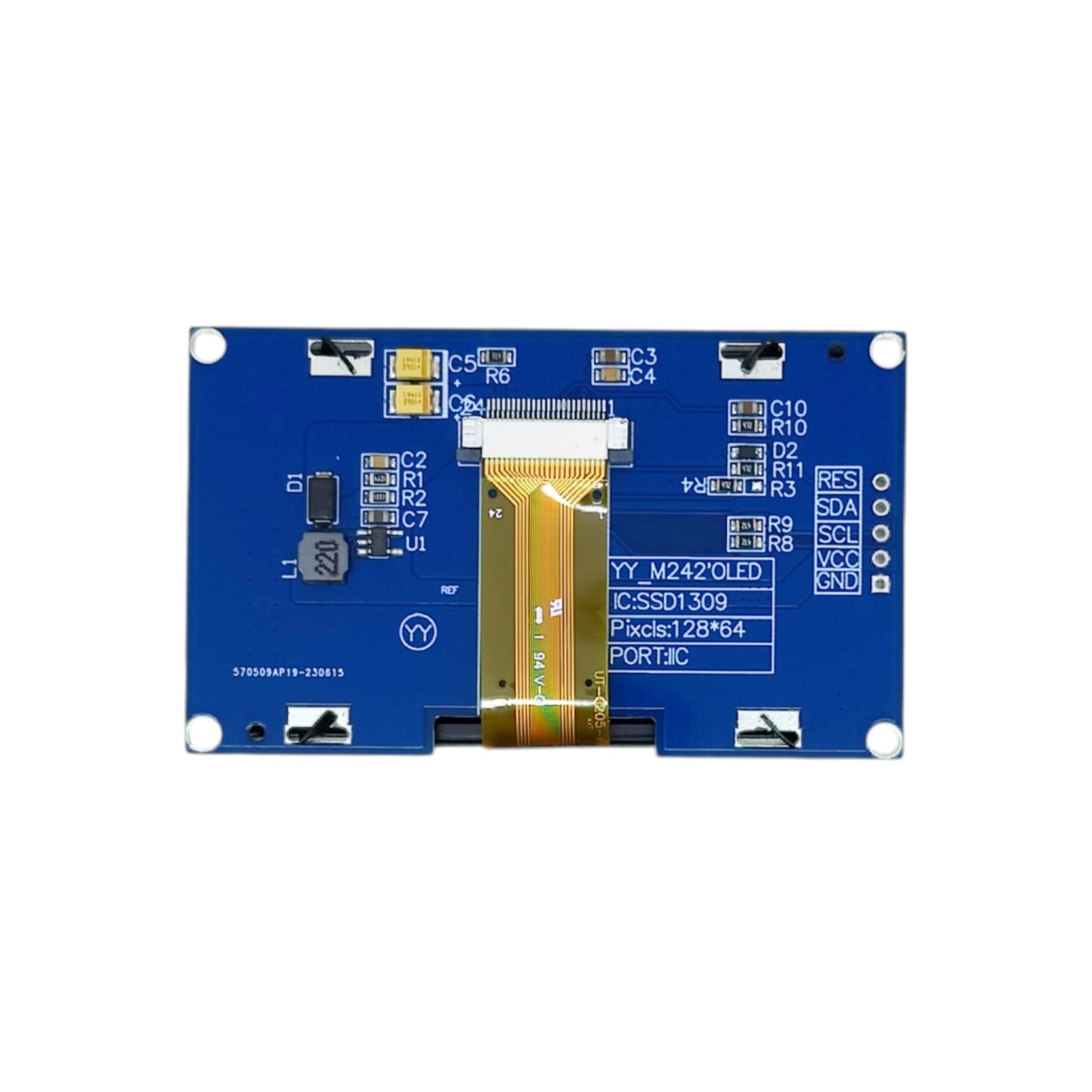 Rear view of the SSD1309 OLED module PCB showing the I2C pinout (RES, SDA, SCL, VCC, GND).