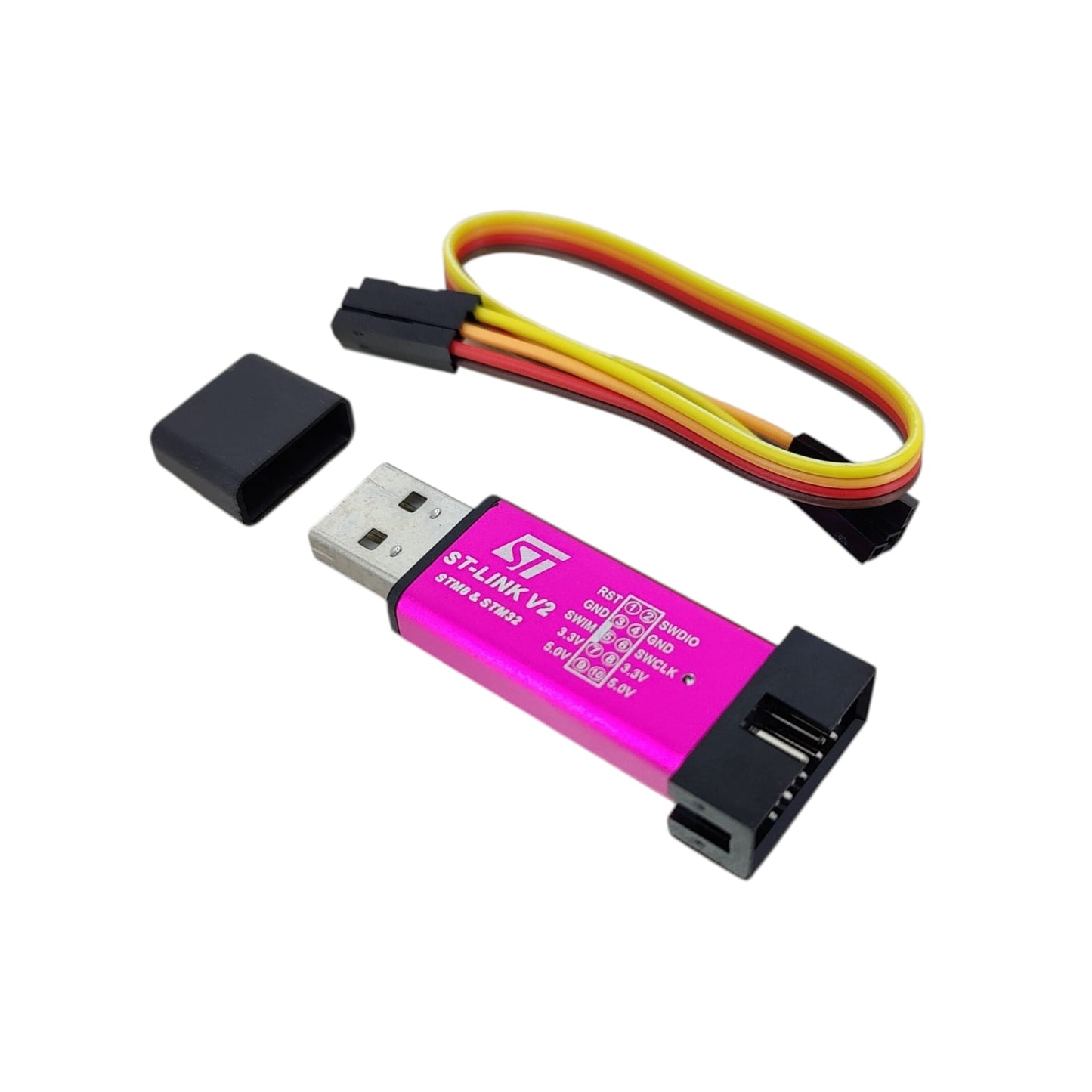 ST-LINK V2 USB programmer in pink aluminum casing with pinout map.