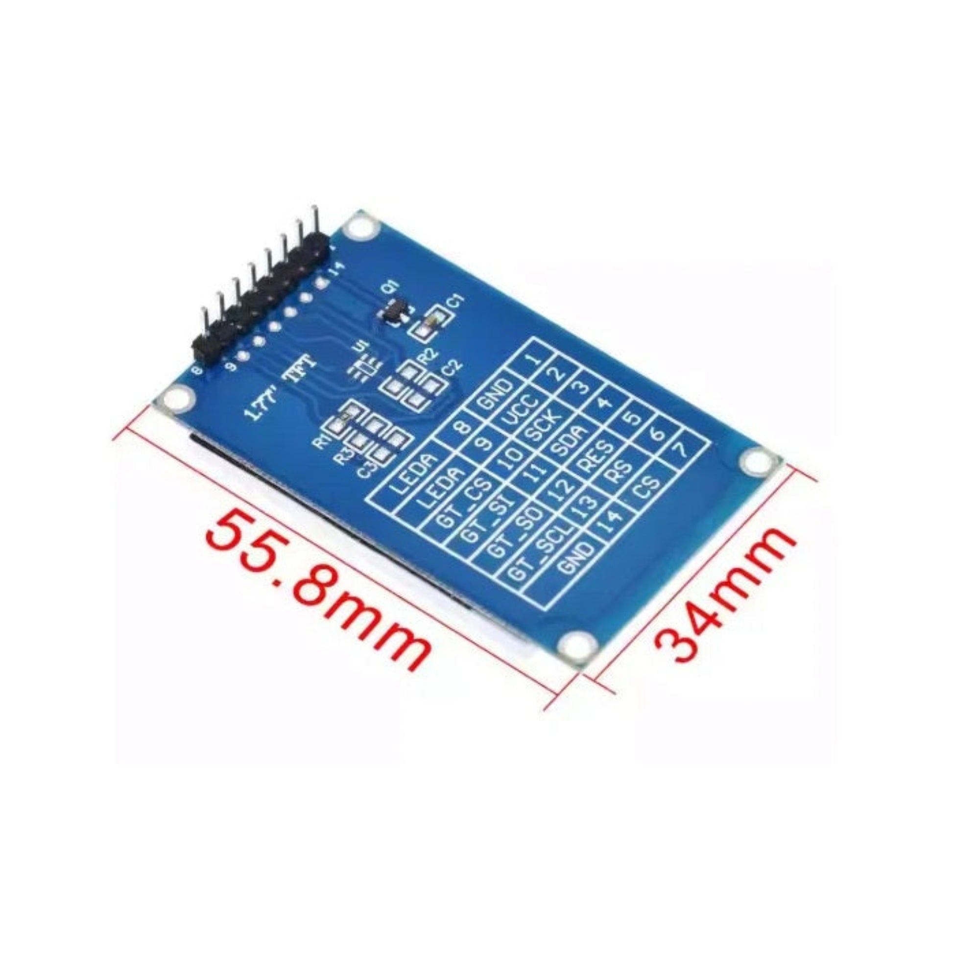 Back view of TFT LCD module showing PCB pinout for SPI and Touch connections