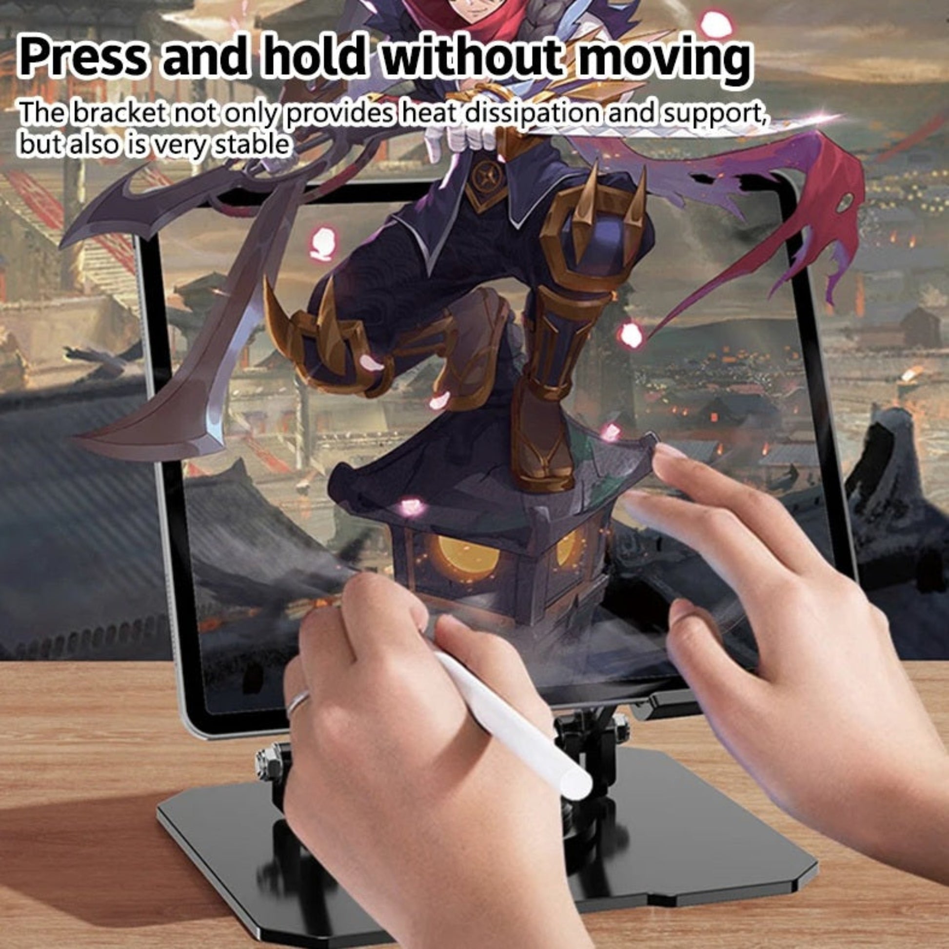 Gamer playing PUBG Mobile on a stable, non-slip tablet stand.