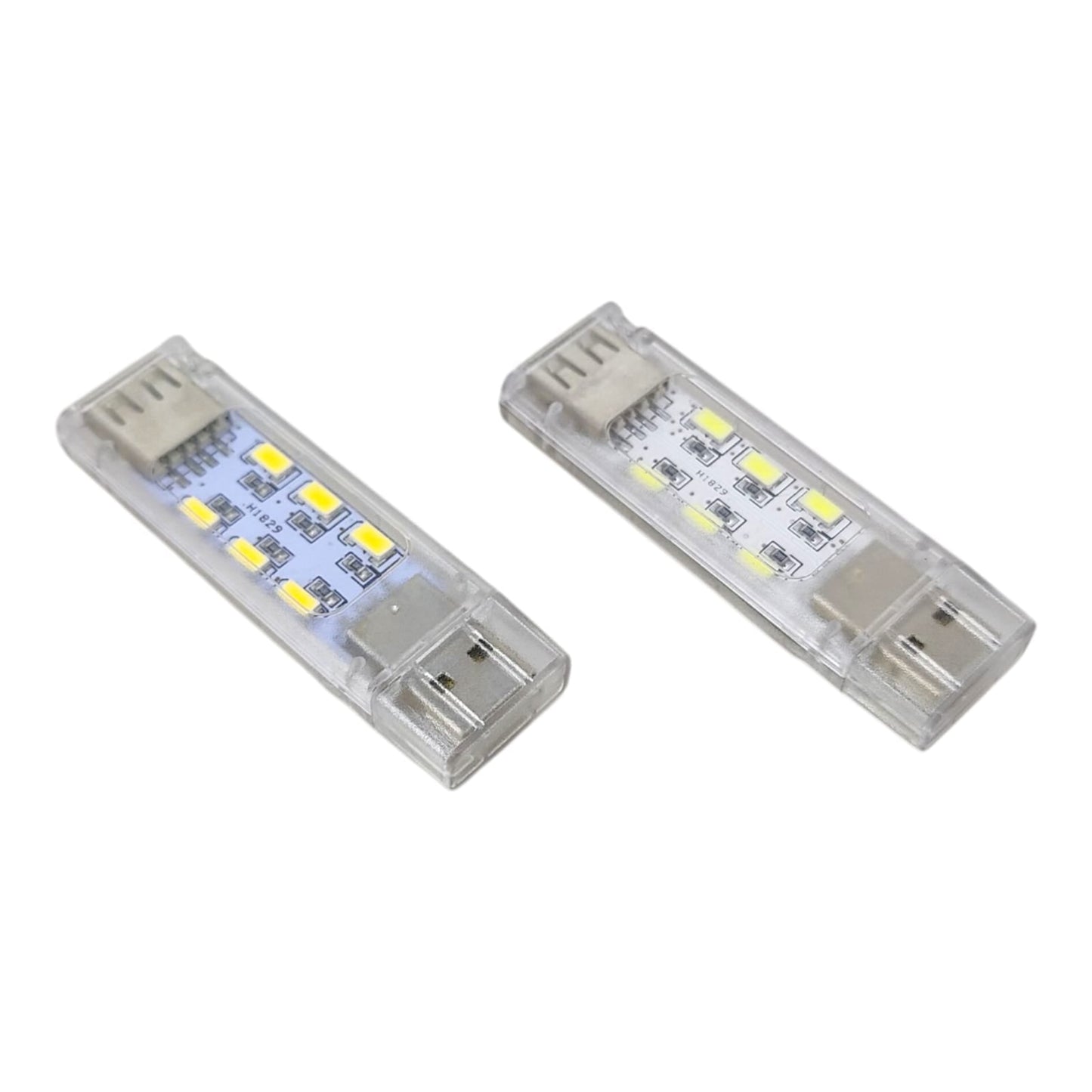 A pair of stackable 12-LED USB night lights, showing the male USB-A connector and female passthrough port.