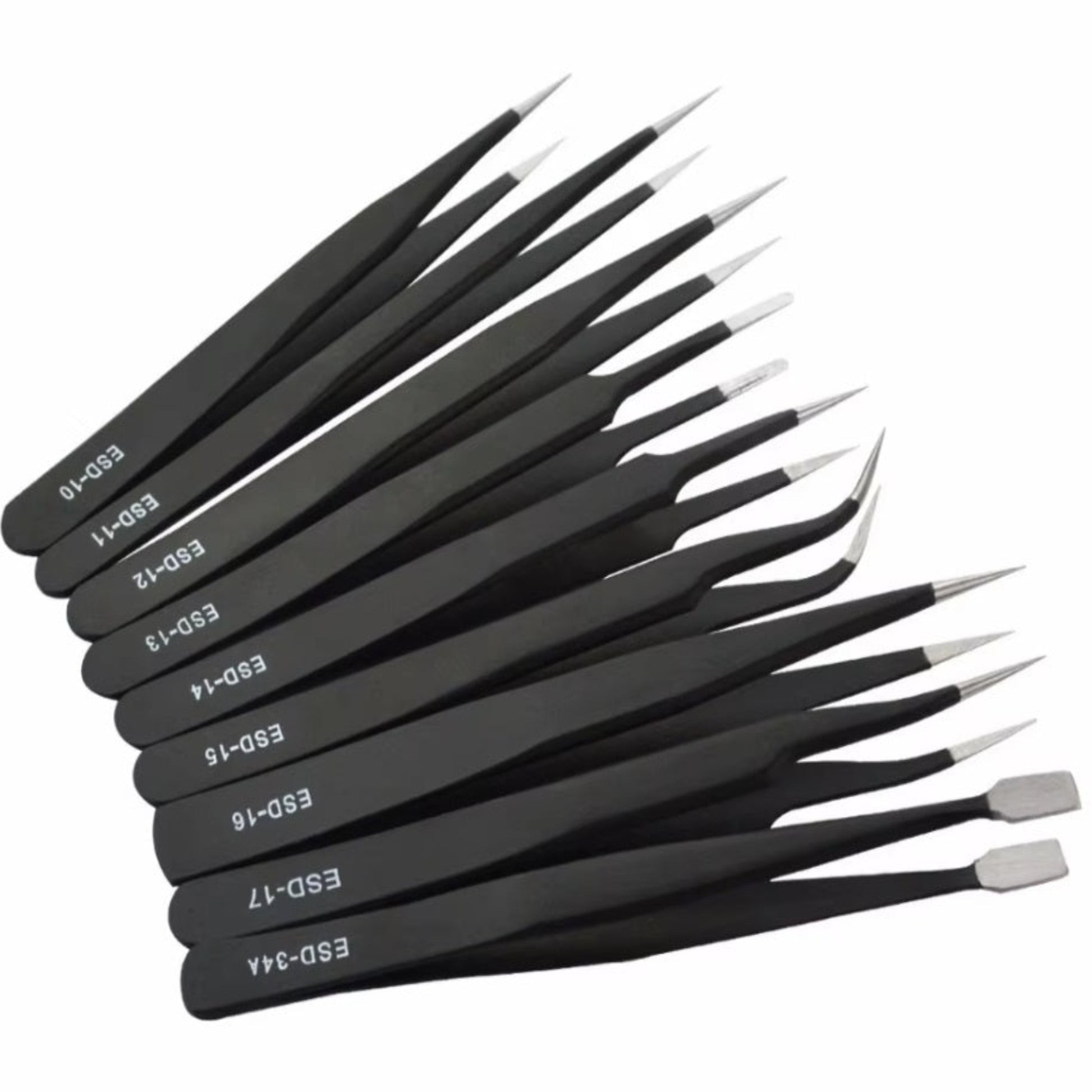 9pcs stainless steel curved and straight black tweezers for electronics and jewelry repair, anti-static ESD tools.