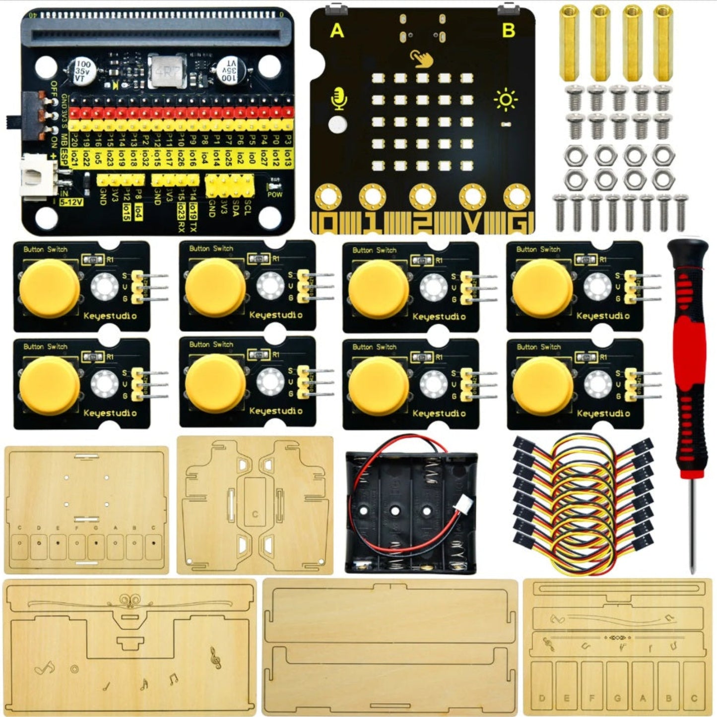A complete breakdown of the STEM piano kit components, including the ESP32 Easy Coding Board, 8 button switches, basswood pieces, and hardware.