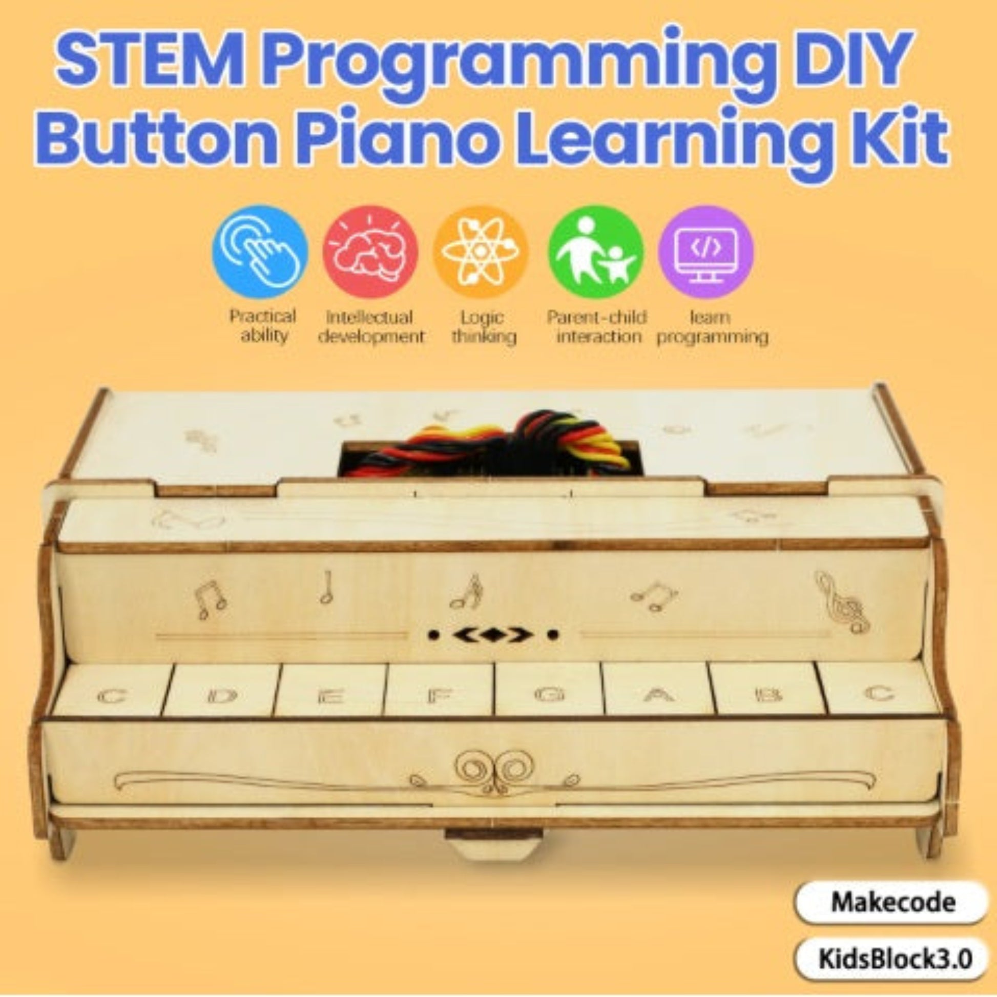 Keyestudio STEM Programming DIY Button Piano Learning Kit highlighting practical ability, logic thinking, and parent-child interaction.