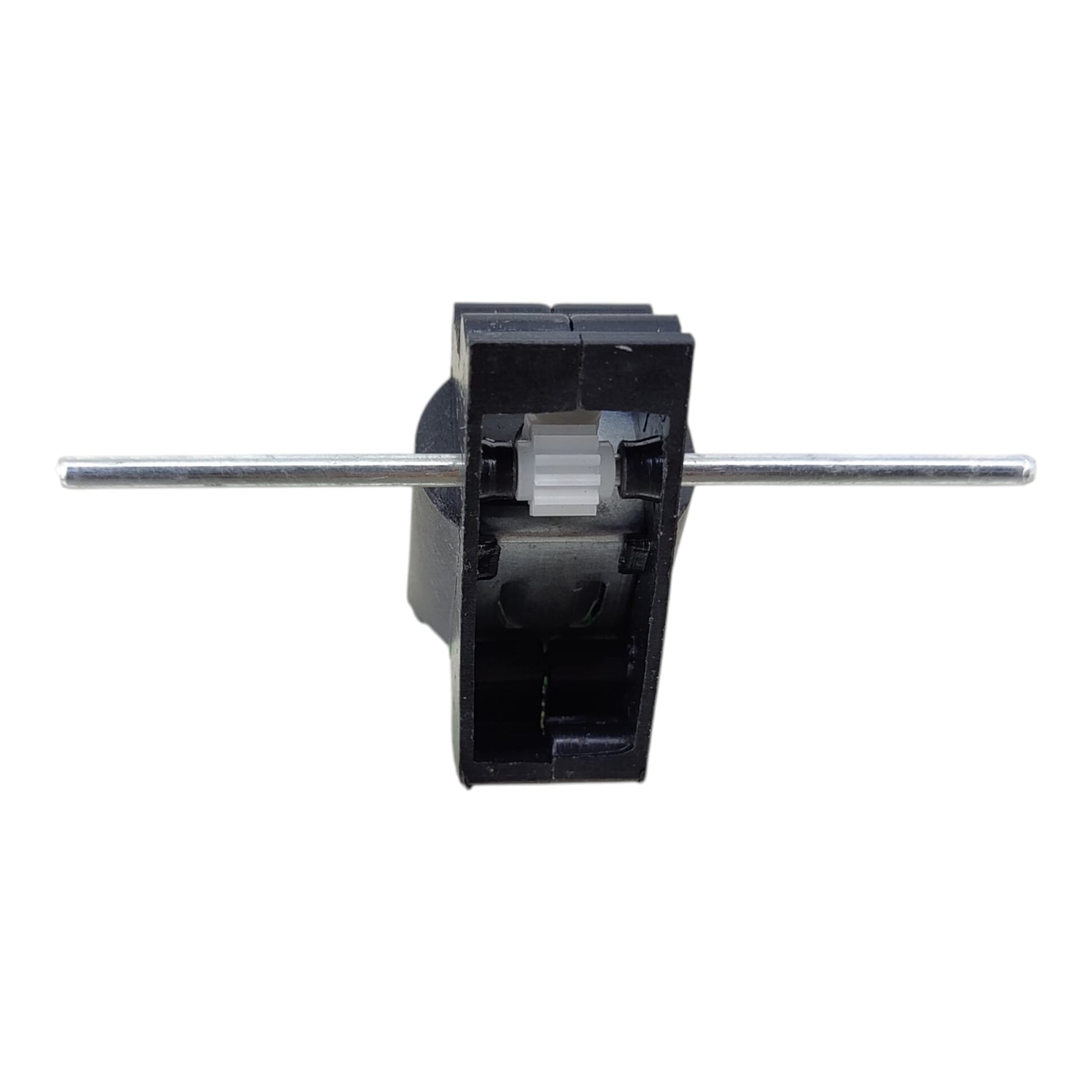 Close up of the dual 2.5mm metal shafts, perfect for attaching hobby wheels for DIY RC cars.