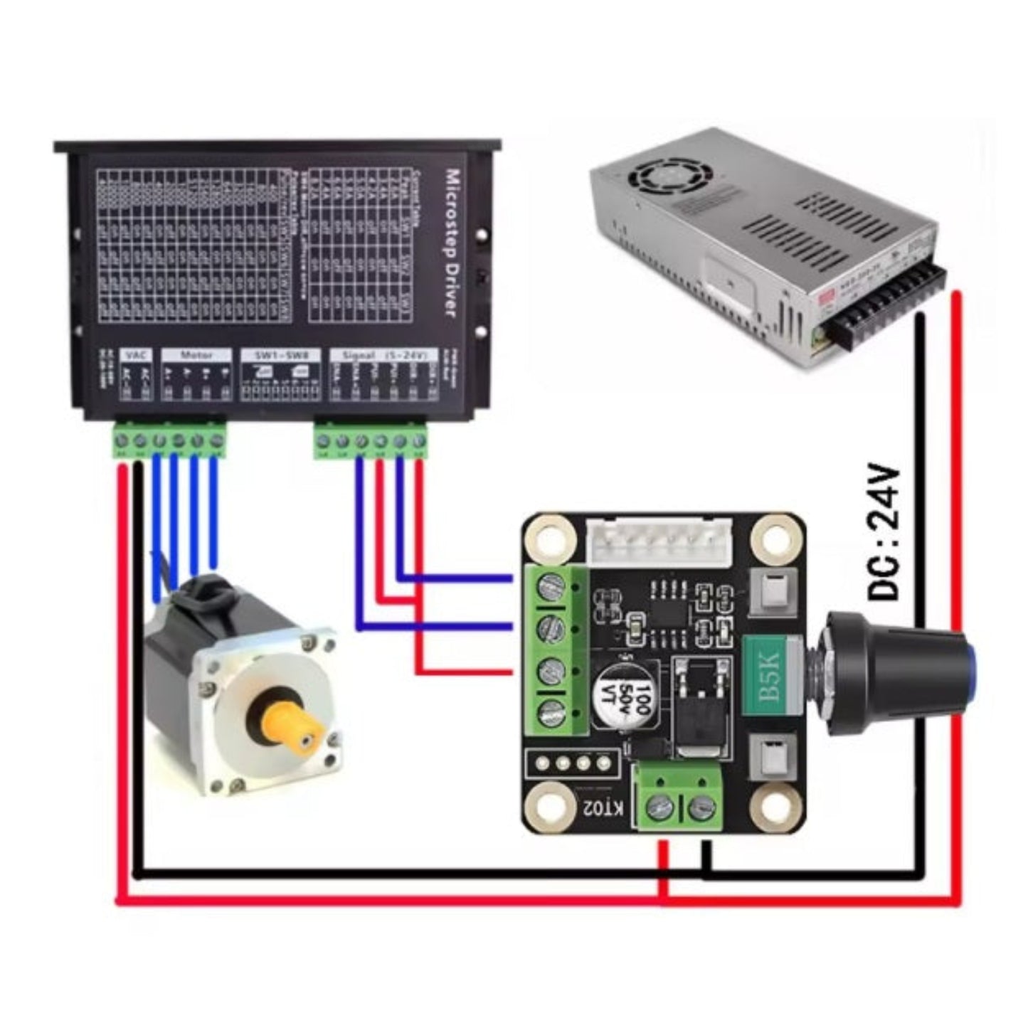 Complete wiring diagram for 9-24V stepper motor controller, driver, power supply, and motor.