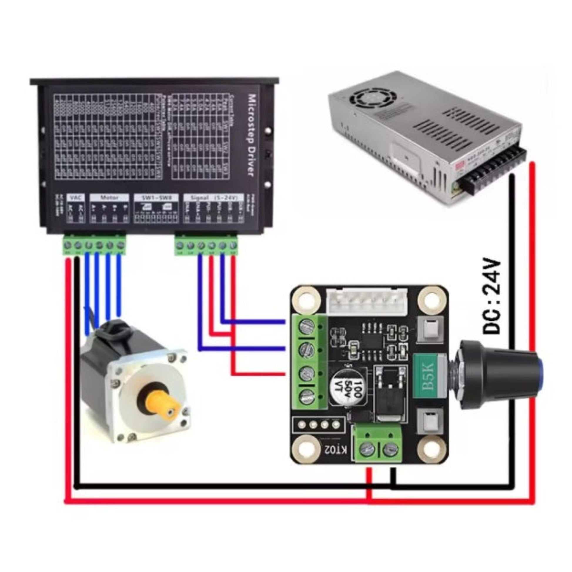 Complete wiring diagram for 9-24V stepper motor controller, driver, power supply, and motor.