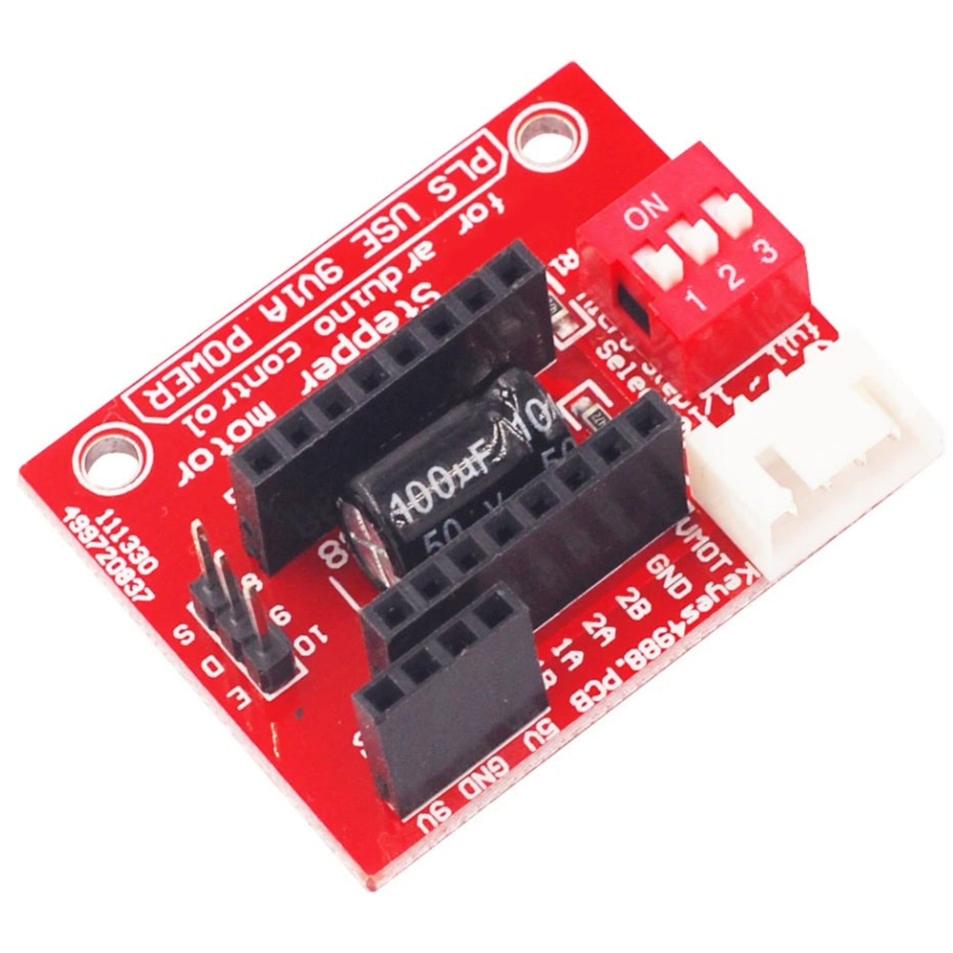 Red stepper motor driver module with 4-pin motor connector and external 9V power input pins.