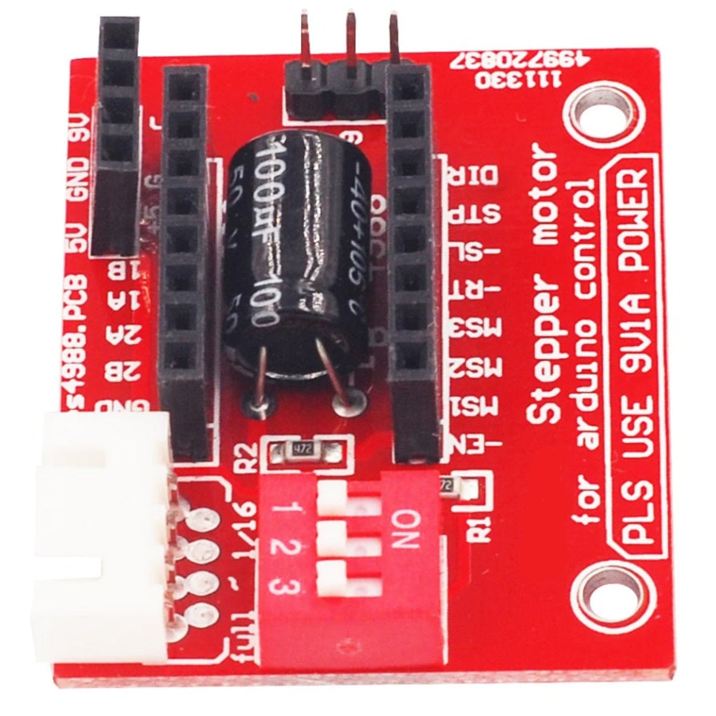 Top view of stepper motor driver shield showing A4988 socket, capacitor, and microstep DIP switches.