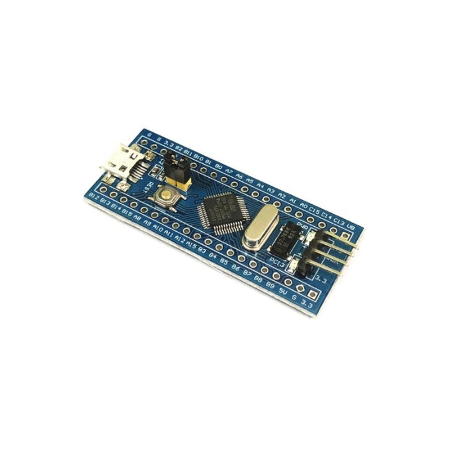 Angled view of STM32F030C8T6 ARM Cortex-M0 development board showing micro USB port and reset button.
