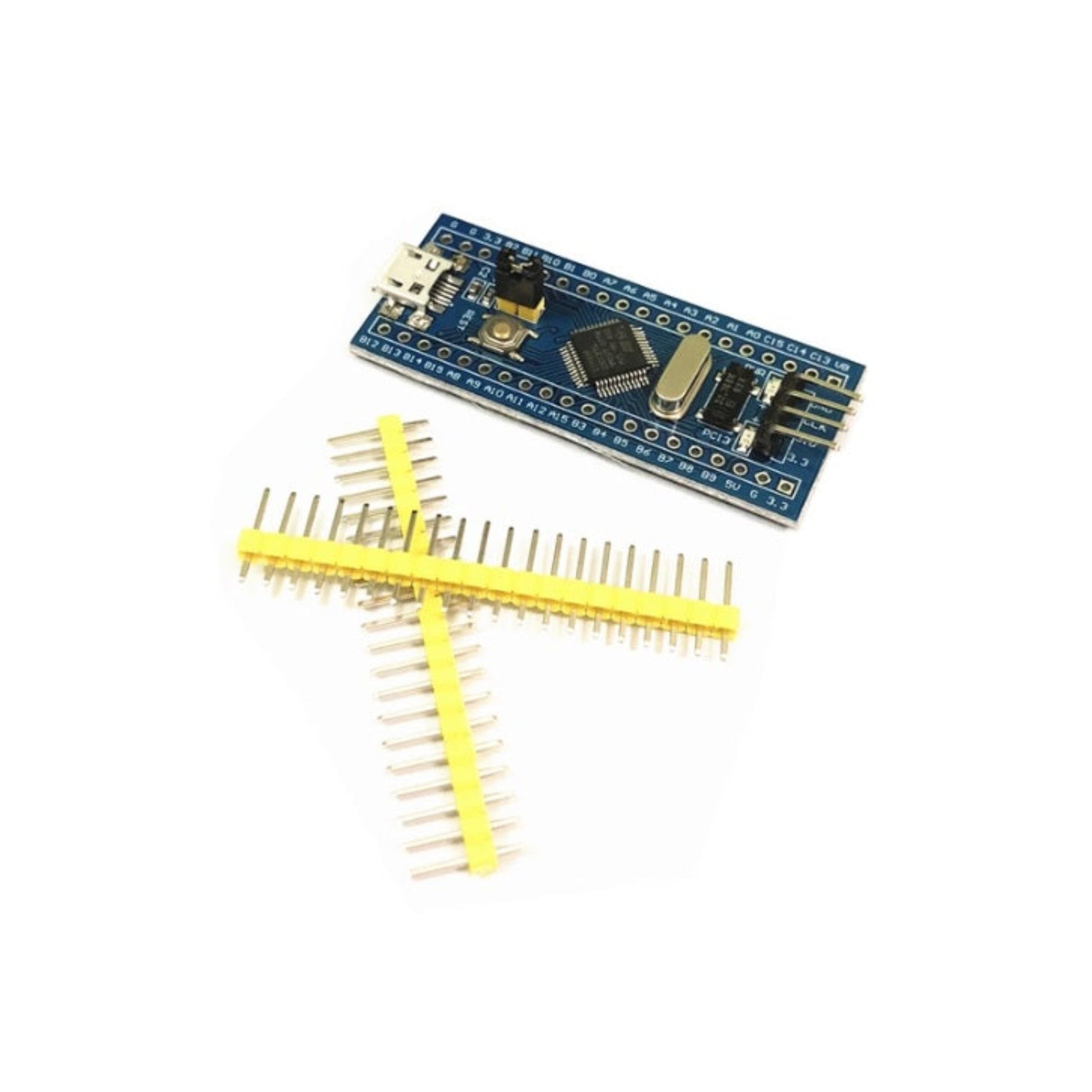 Back view of the blue STM32F030C8T6 PCB showing soldering points and circuit traces.