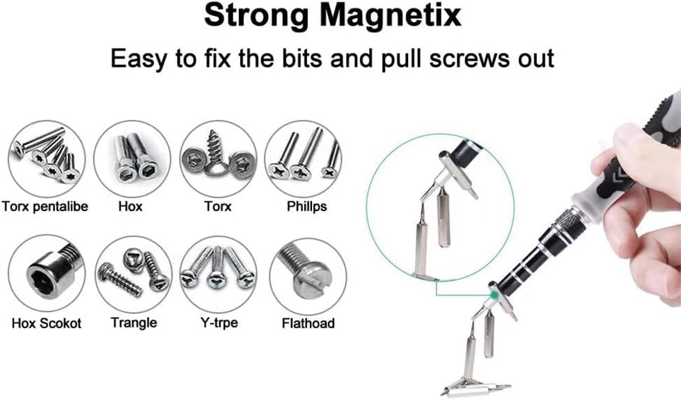Demonstration of the screwdriver's strong magnetic tip easily holding multiple bits and screws, illustrating its magnetic strength for secure handling.