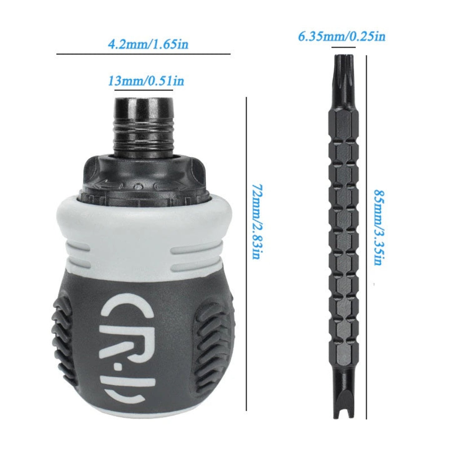 A diagram showing the dimensions of the stubby ratchet handle (72mm) and the long-reach bit (85mm).