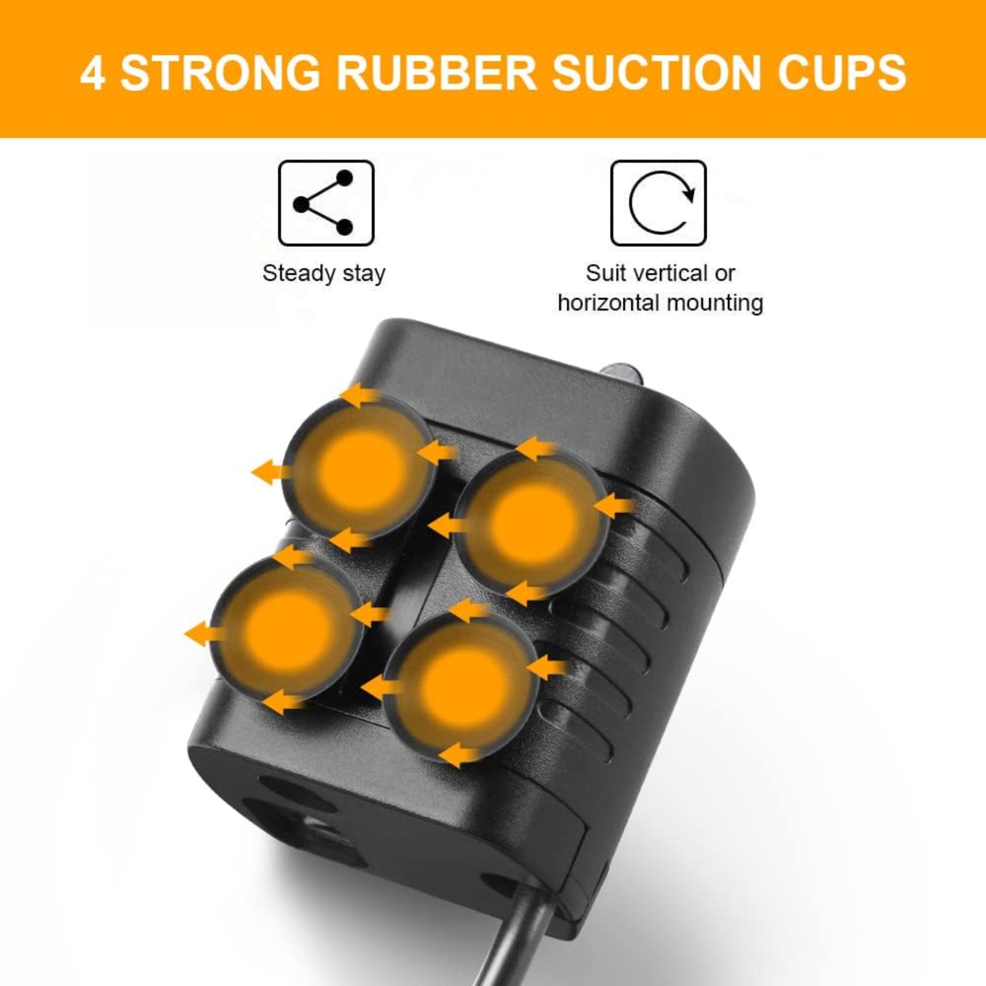 Underside of water pump featuring 4 strong rubber suction cups for stable mounting.