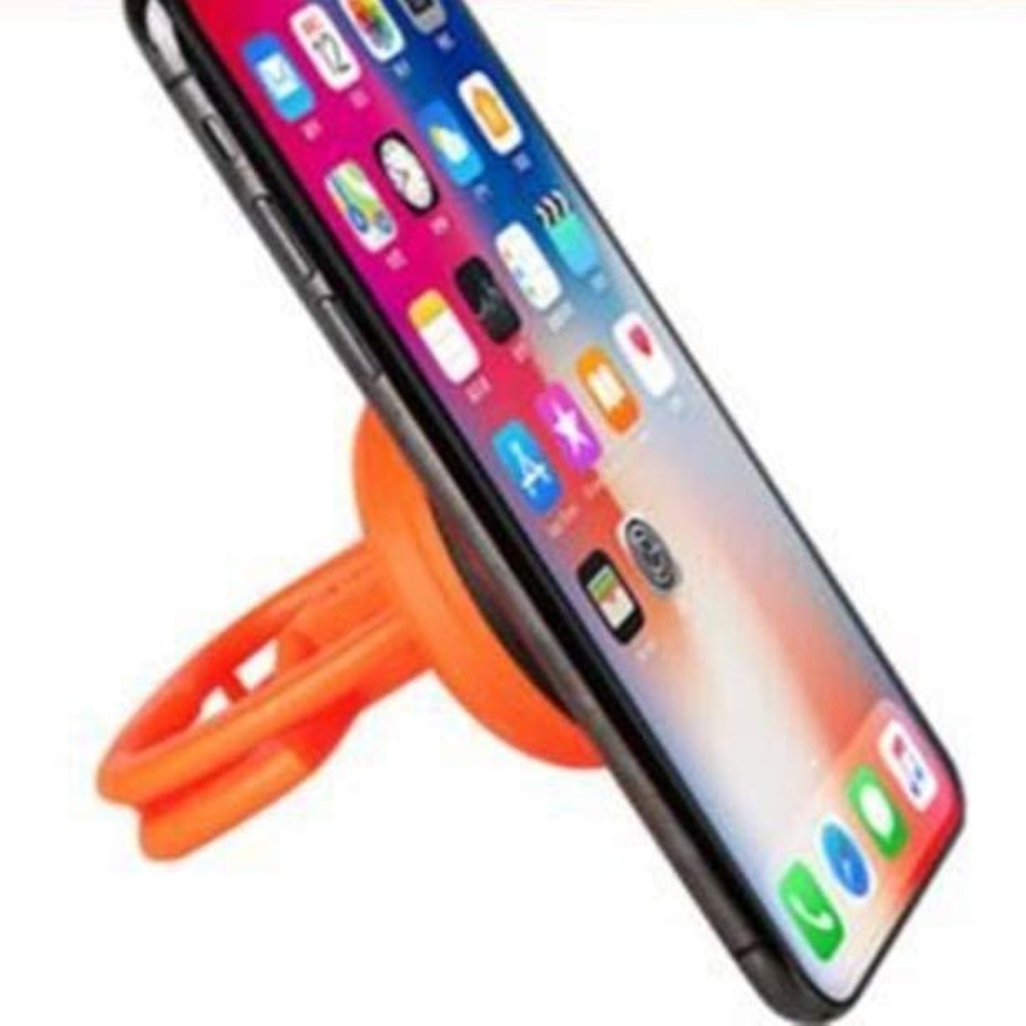 Mini suction cup being used as a stand for an iPhone, demonstrating its grip.